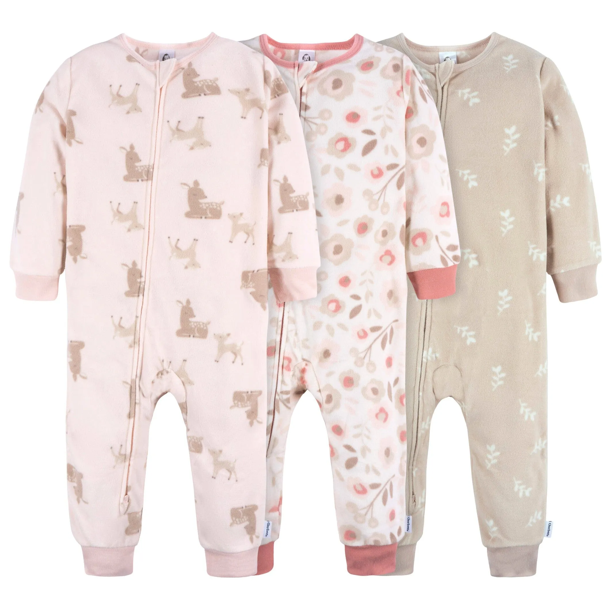 3-Pack Infant & Toddler Girls Pink Deer Footless Fleece Pajamas Gerber Childrenswea