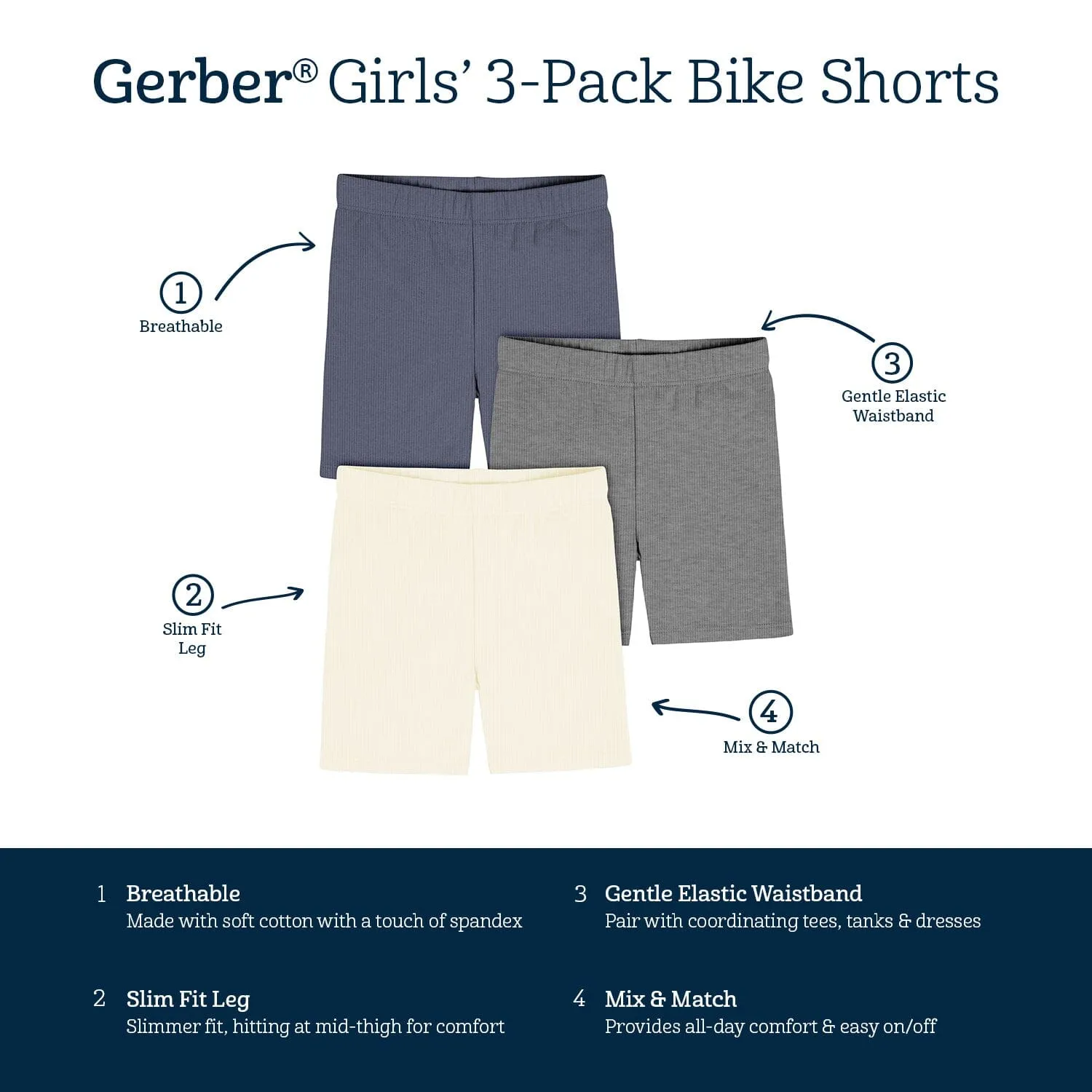 3-Pack Toddler Girls Navy, Dark Gray Heather, & Ivory Bike Shorts Gerber Childrenswea