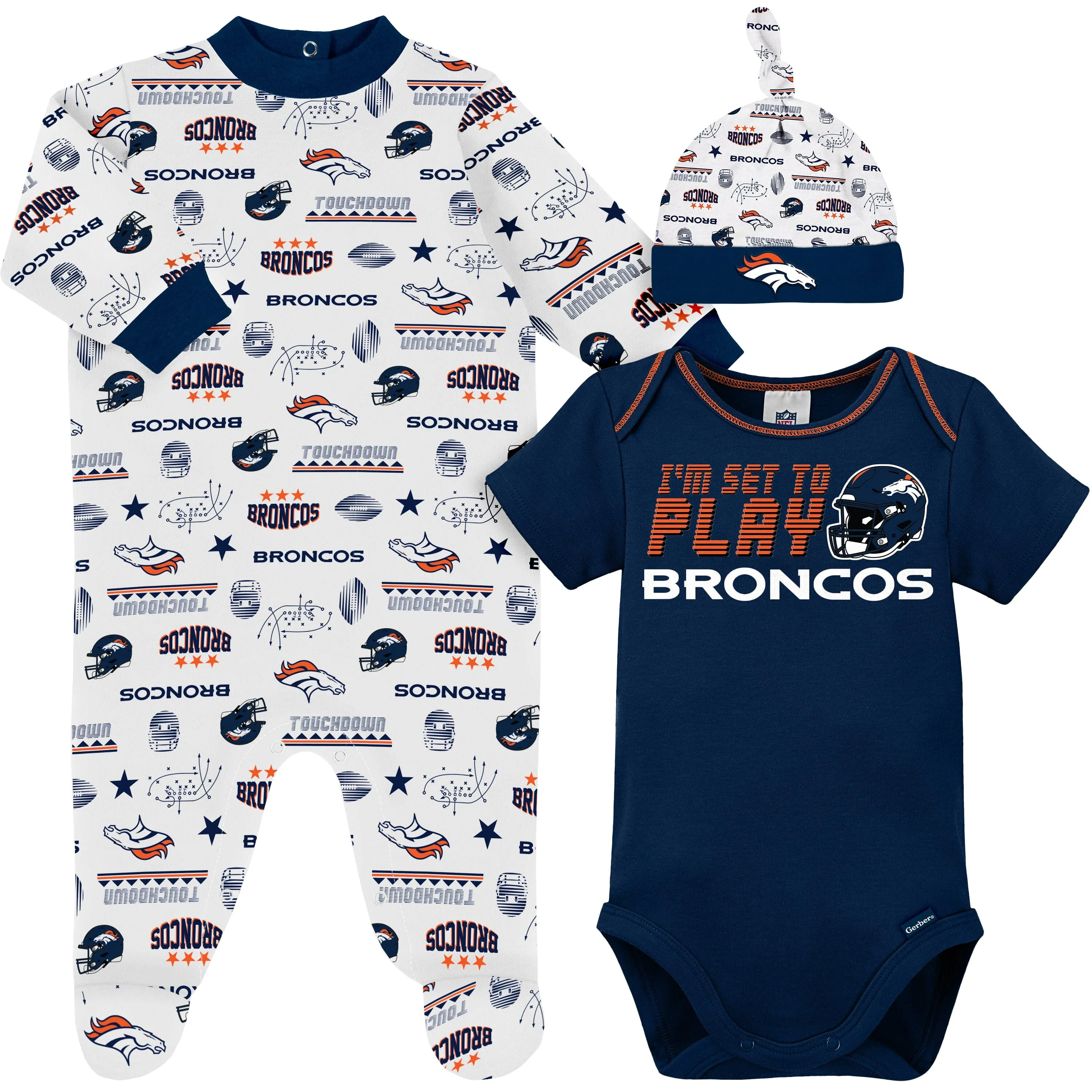 3-Piece Baby Boys Denver Broncos Bodysuit, Sleep 'N Play, and Cap Set Gerber Childrenswea