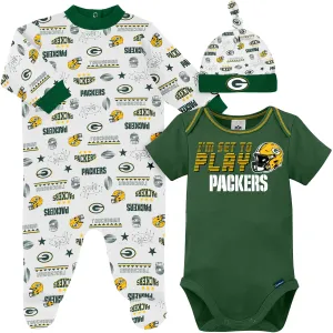 3-Piece Baby Boys Green Bay Packers Bodysuit, Sleep 'N Play, and Cap Set Gerber Childrenswea