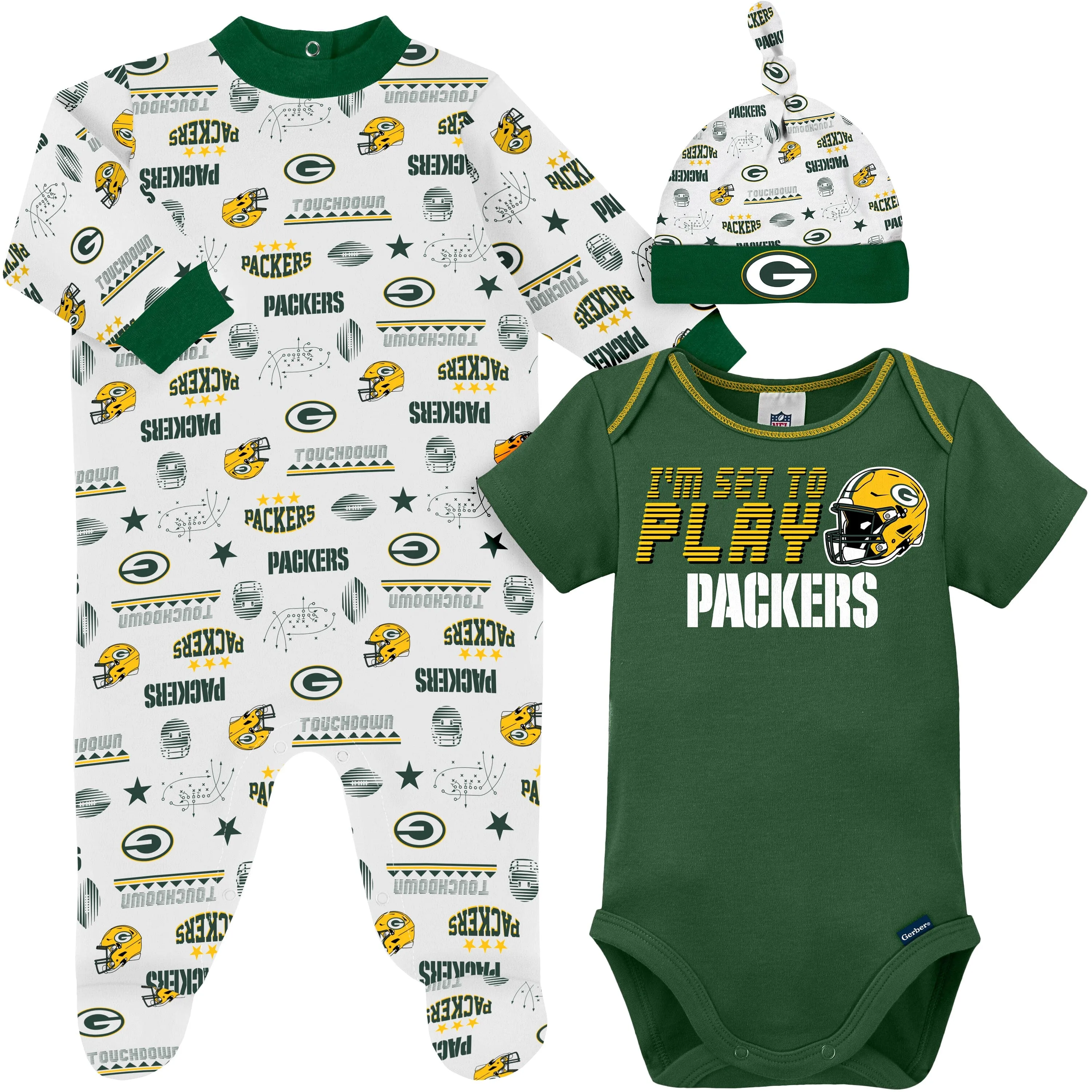 3-Piece Baby Boys Green Bay Packers Bodysuit, Sleep 'N Play, and Cap Set Gerber Childrenswea