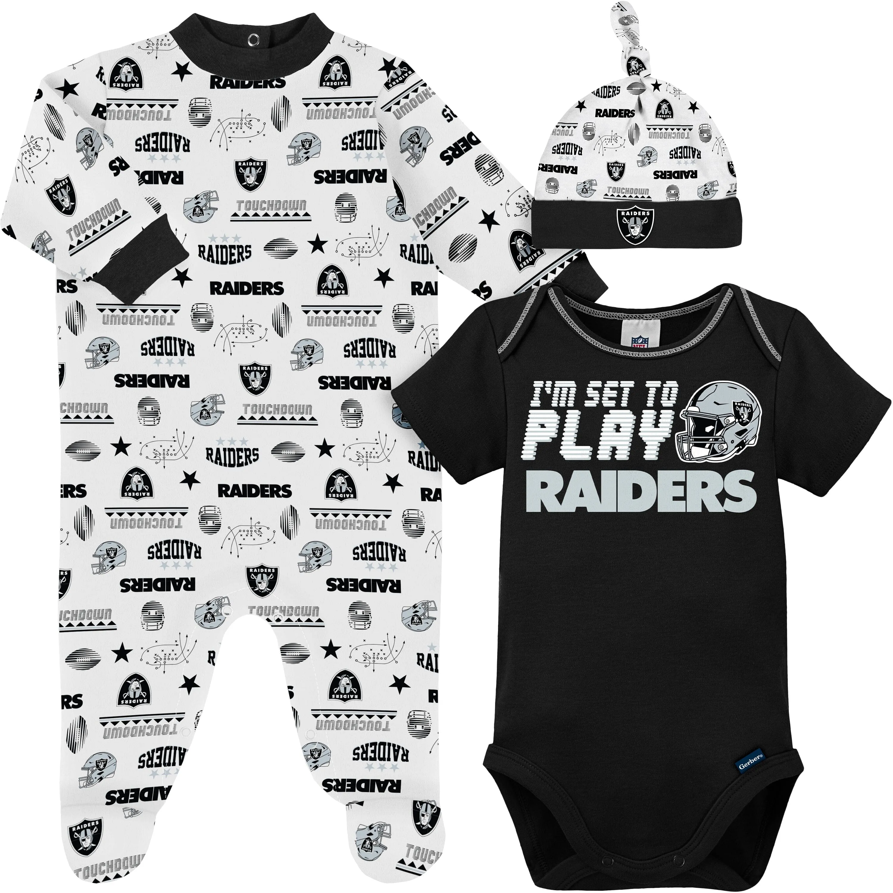 3-Piece Baby Boys Las Vegas Raiders Bodysuit, Sleep 'N Play, and Cap Set Gerber Childrenswea