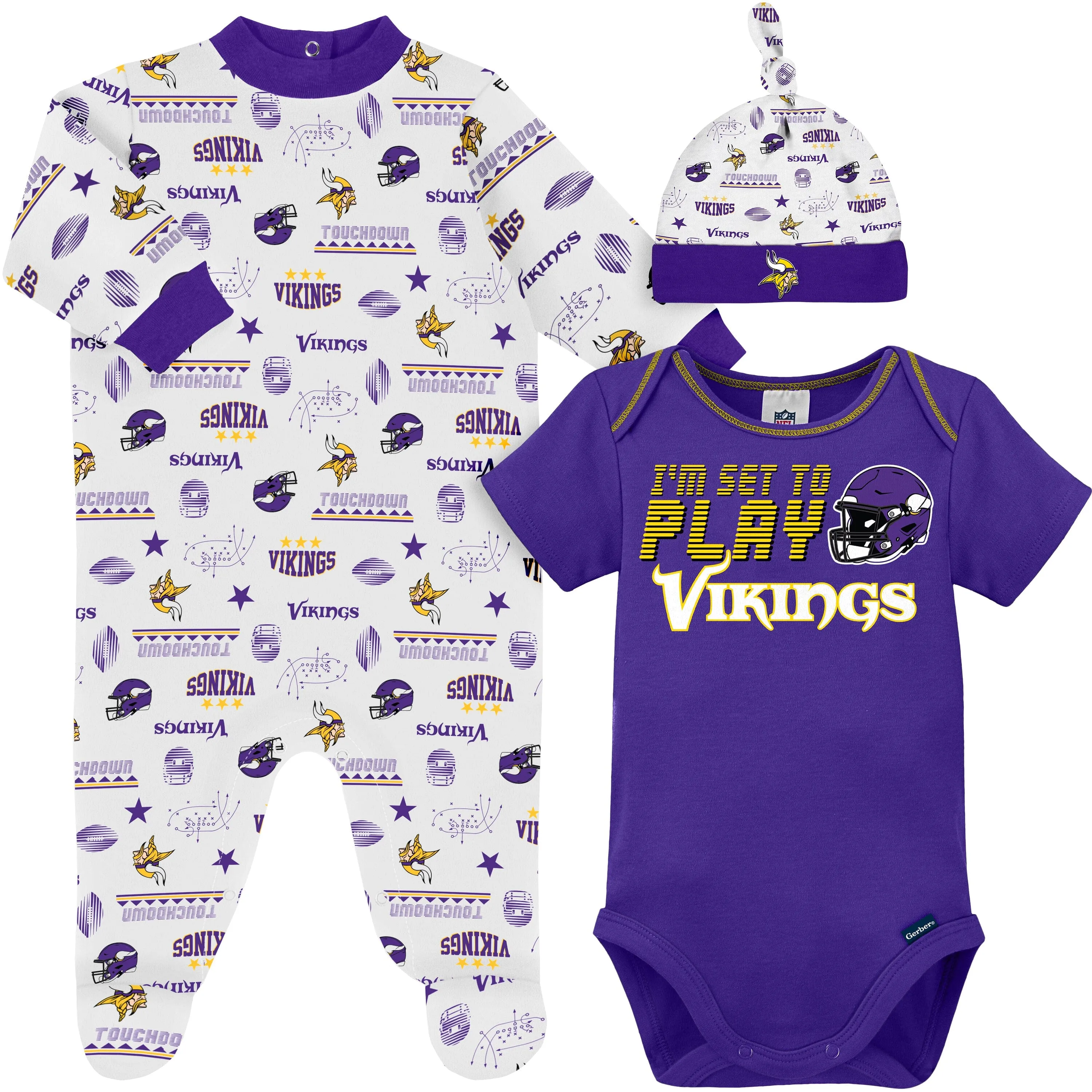 3-Piece Baby Boys Minnesota Vikings Bodysuit, Sleep 'N Play, and Cap Set Gerber Childrenswea