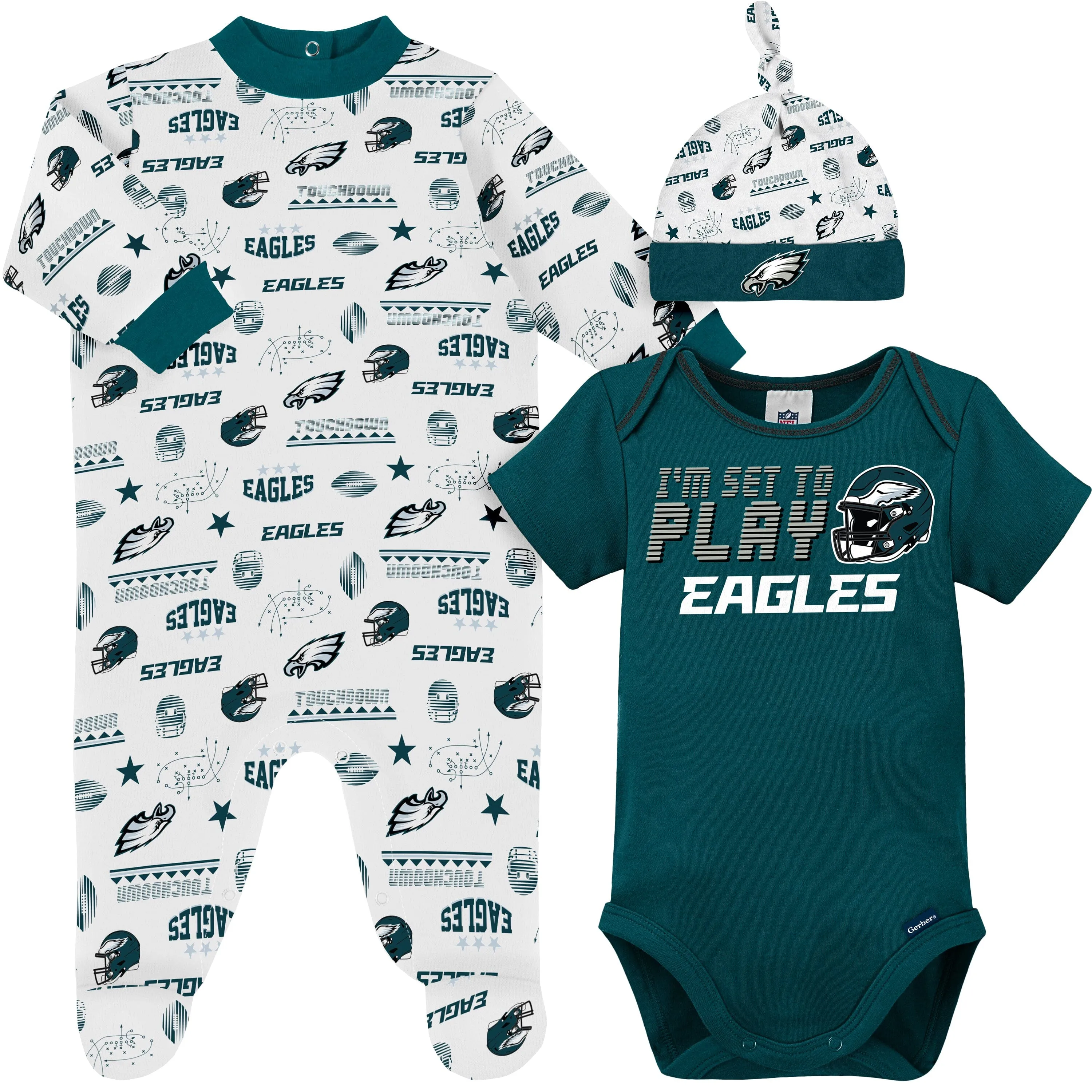 3-Piece Baby Boys Philadelphia Eagles Bodysuit, Sleep 'N Play, and Cap Set Gerber Childrenswea