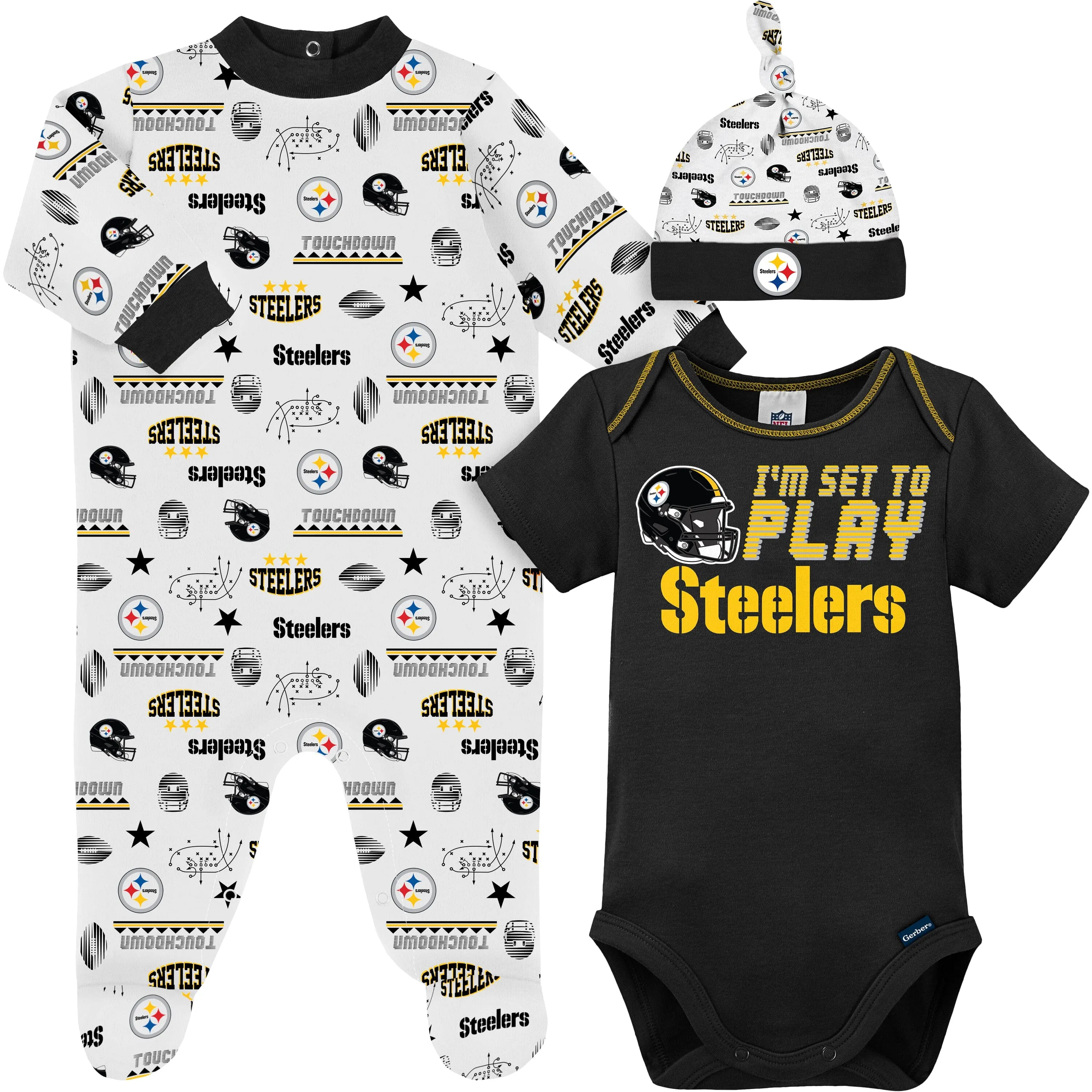 3-Piece Baby Boys Pittsburgh Steelers Bodysuit, Sleep 'N Play, and Cap Set Gerber Childrenswea