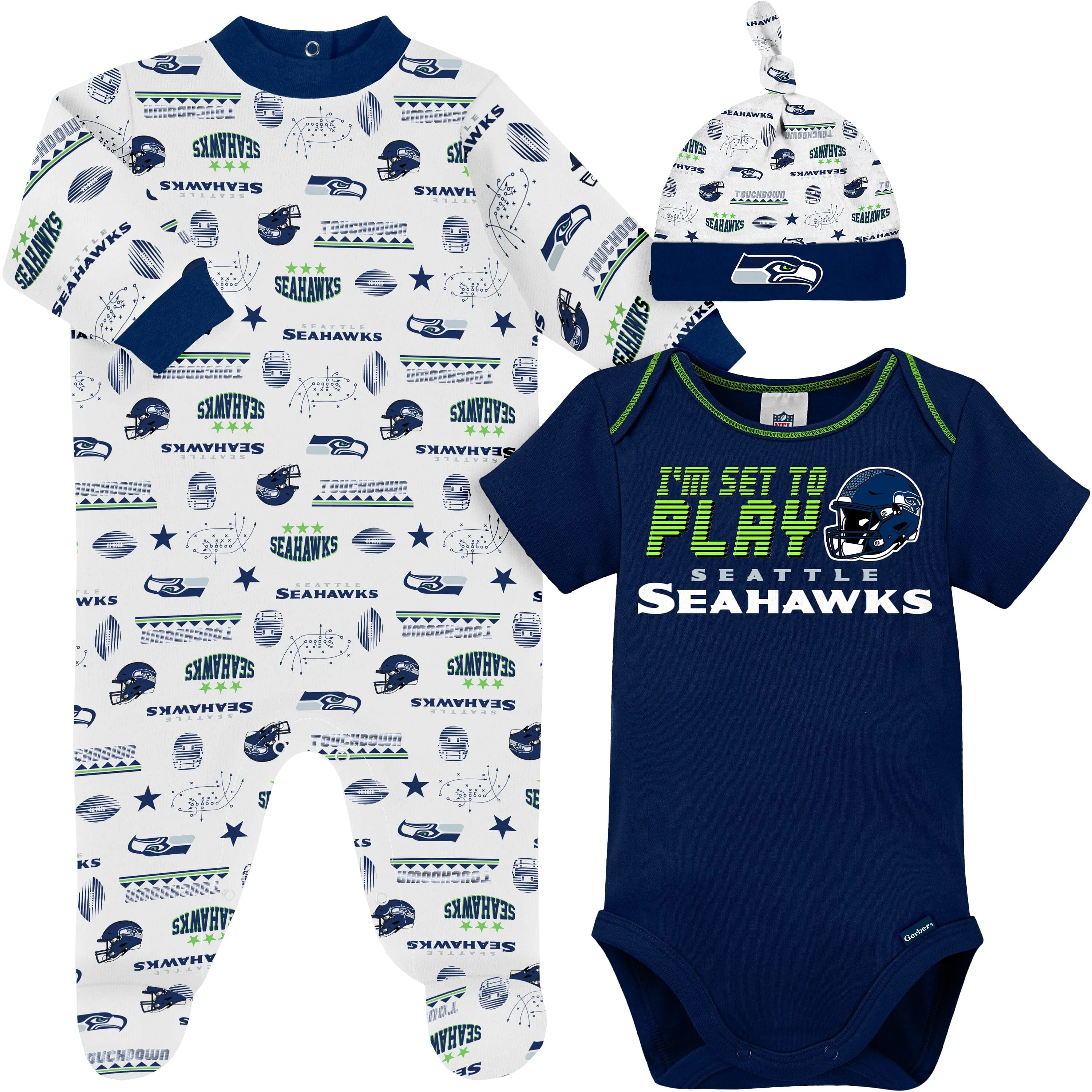 3-Piece Baby Boys Seattle Seahawks Bodysuit, Sleep 'N Play, and Cap Set Gerber Childrenswea