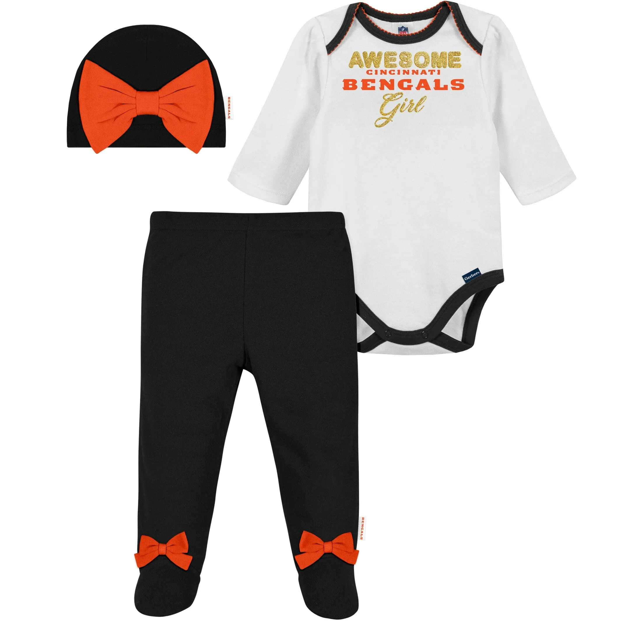 3-Piece Baby Girls Bengals Bodysuit, Footed Pant, & Cap Set Gerber Childrenswea