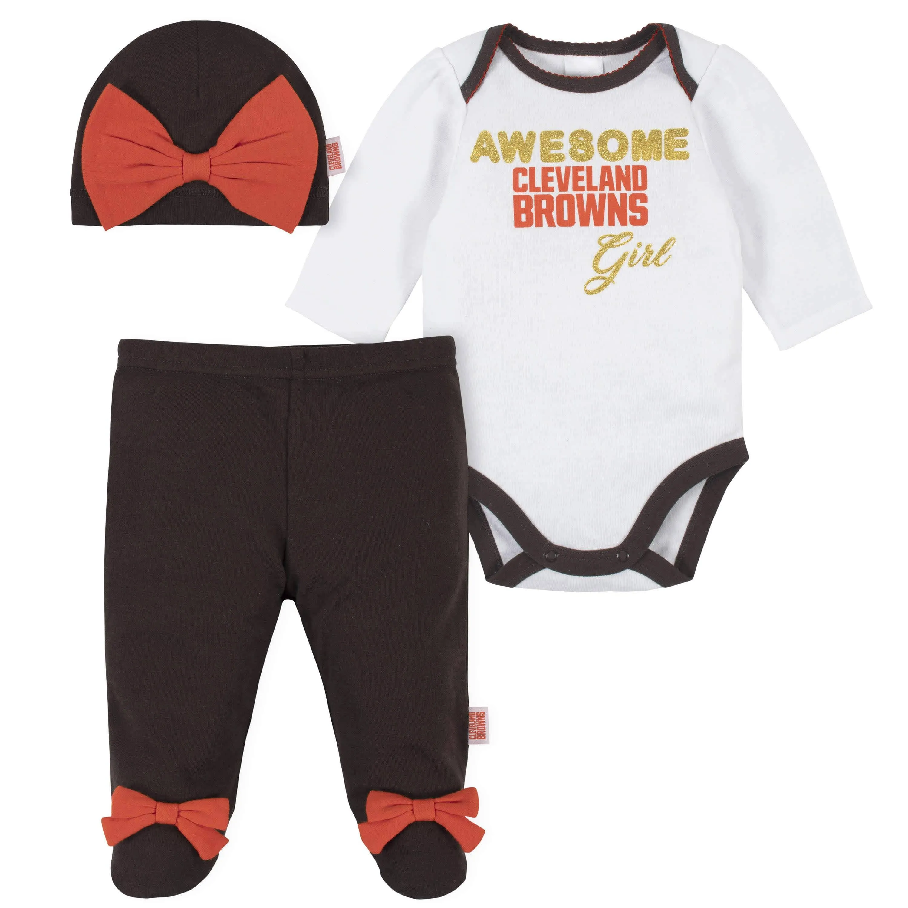 3-Piece Baby Girls Cleveland Browns Bodysuit, Footed Pant, and Cap Set Gerber Childrenswea