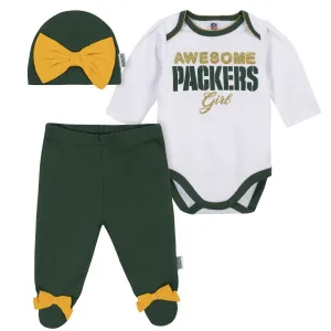 3-Piece Baby Girls Green Bay Packers Bodysuit, Footed Pant, and Cap Set Gerber Childrenswea