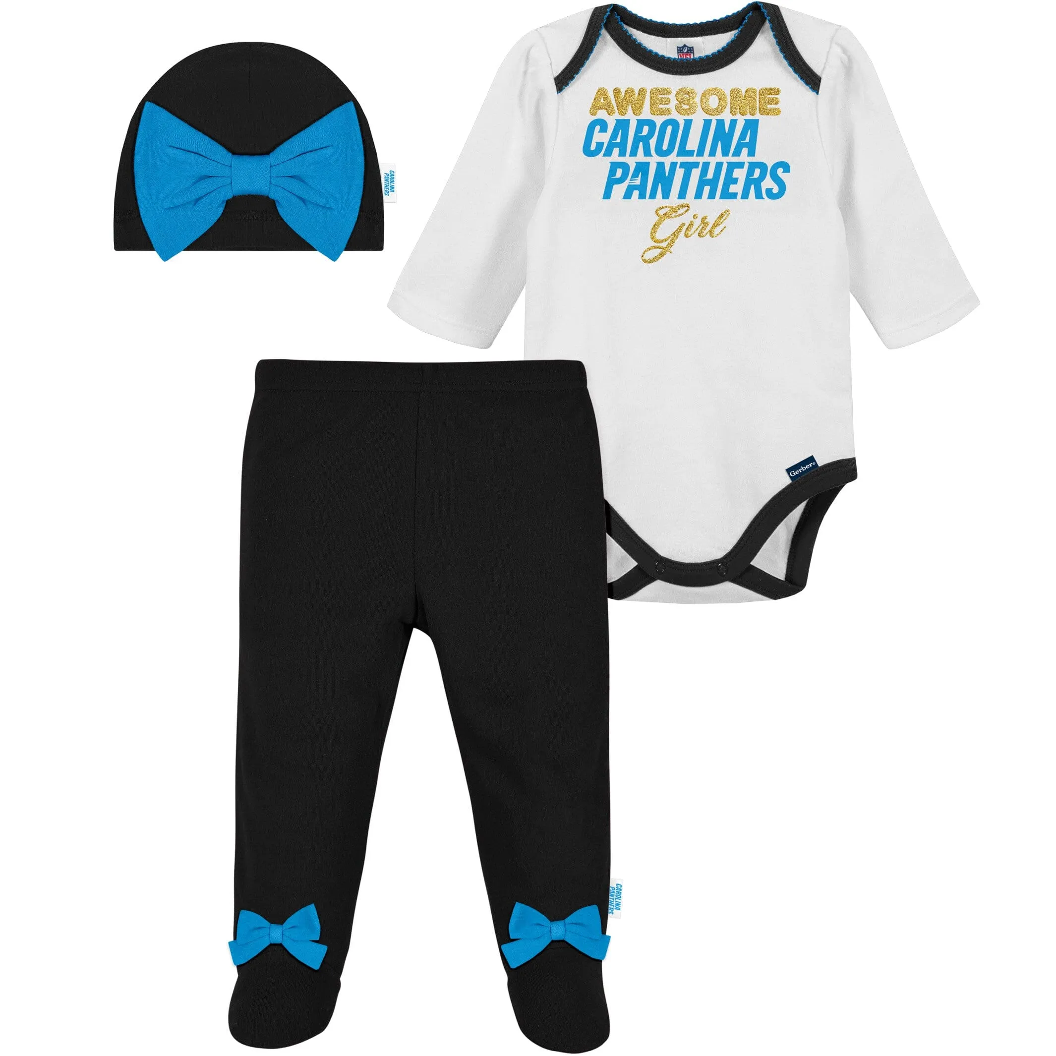 3-Piece Baby Girls Panthers Bodysuit, Footed Pant, & Cap Set Gerber Childrenswea