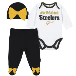 3-Piece Baby Girls Pittsburgh Steelers Bodysuit, Footed Pant, and Cap Set Gerber Childrenswea