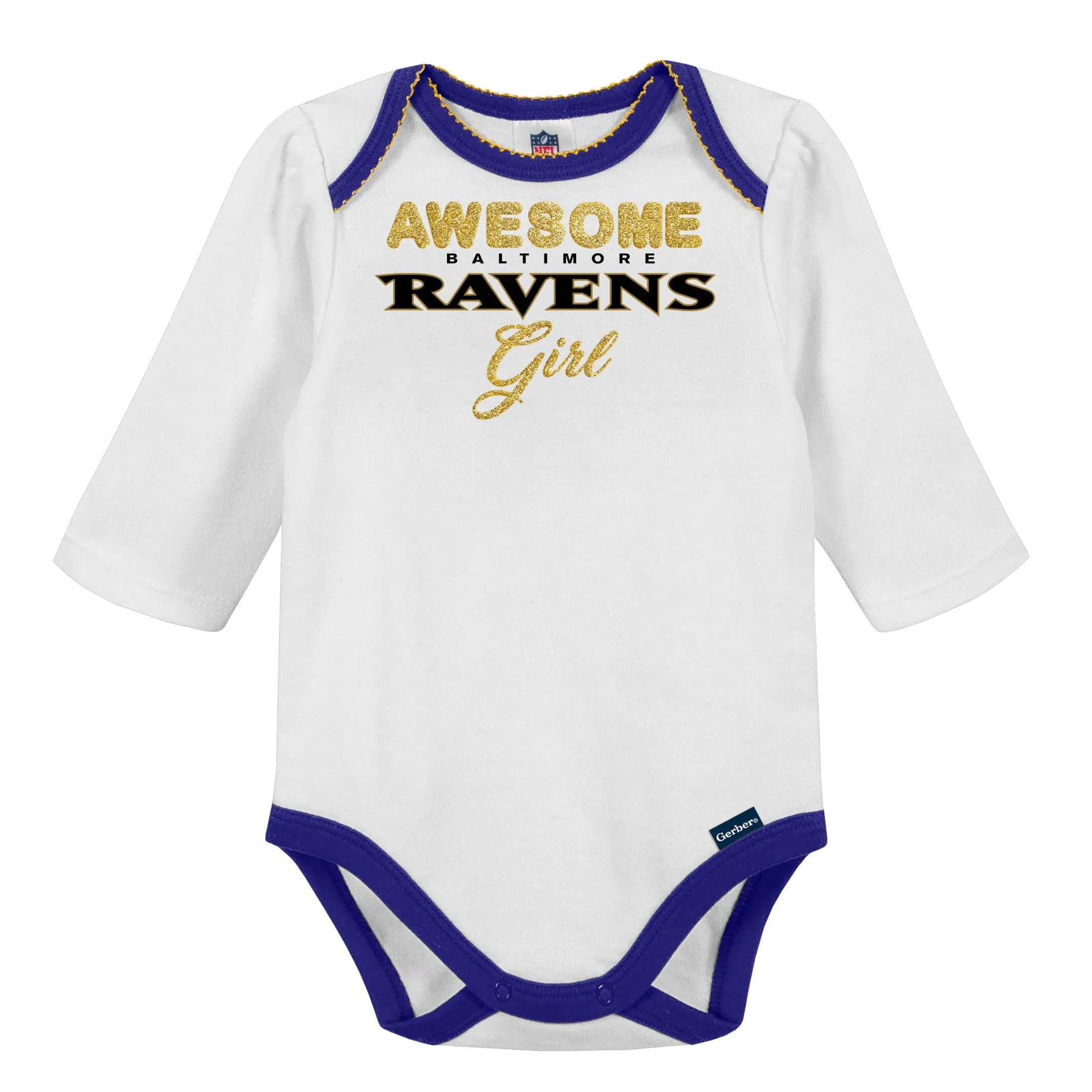 3-Piece Baby Girls Ravens Bodysuit, Footed Pant, & Cap Set Gerber Childrenswea