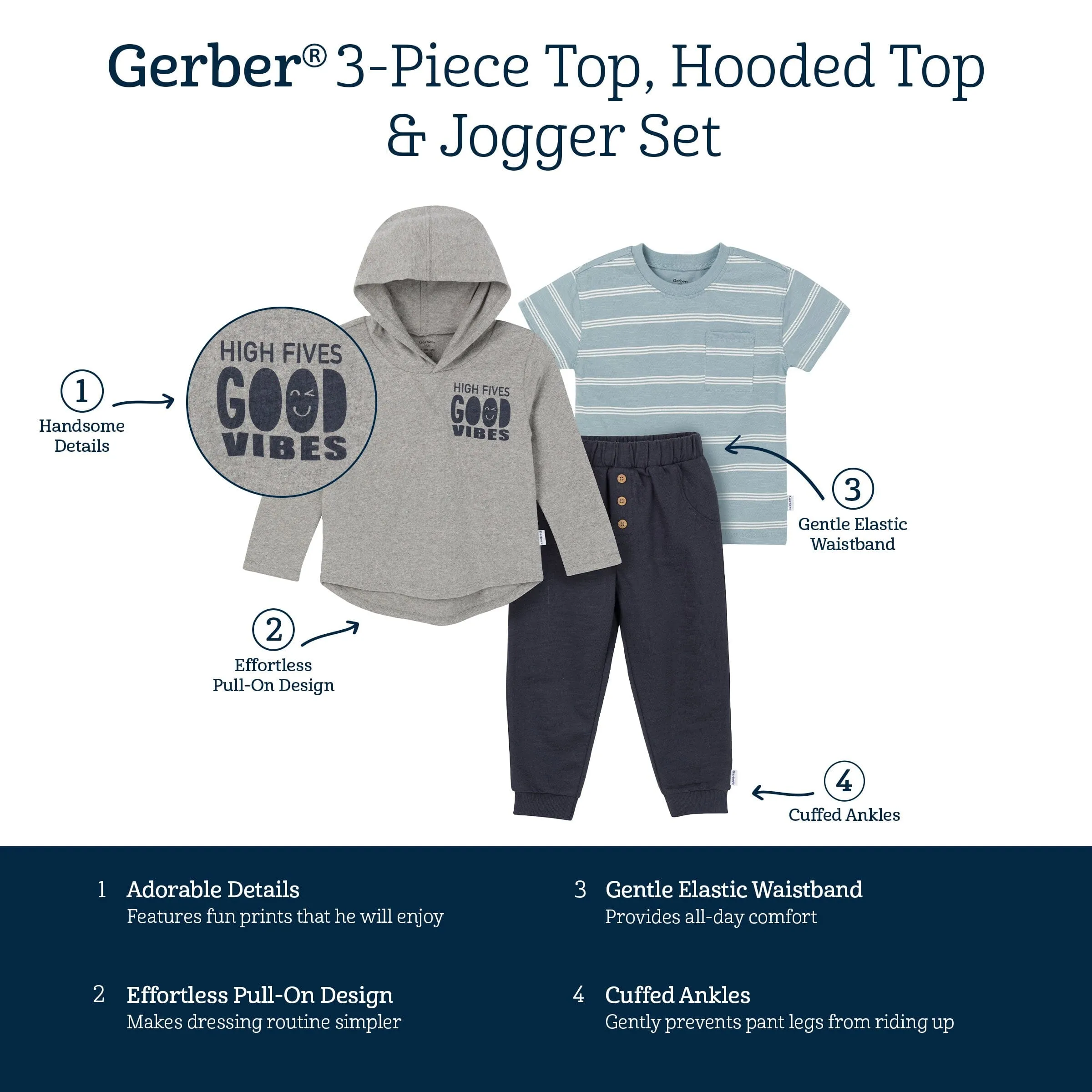 3-Piece Toddler Boys Good Vibes Tee, Hooded Top and Joggers Set Gerber Childrenswea