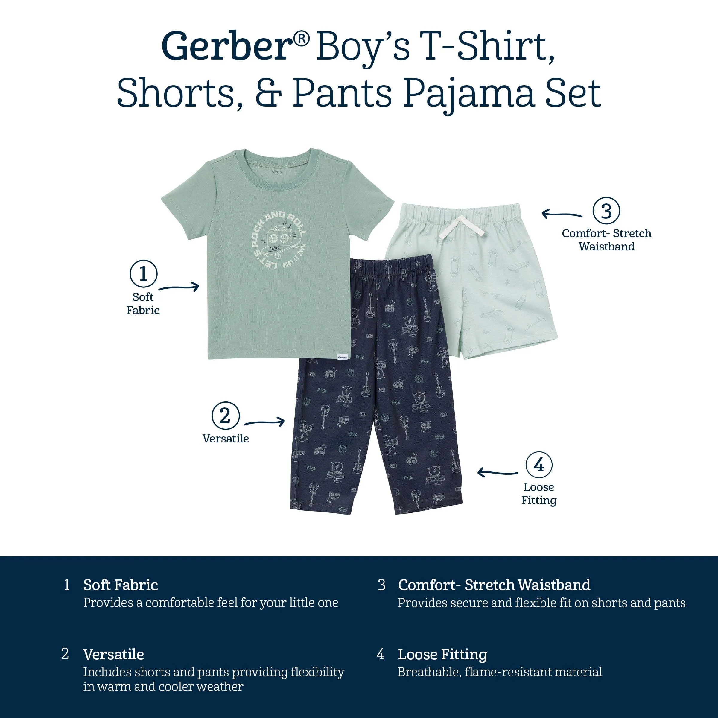 3-Piece Toddler Boys Rock & Roll T-Shirt, Shorts & Pants Pajama Set Gerber Childrenswea