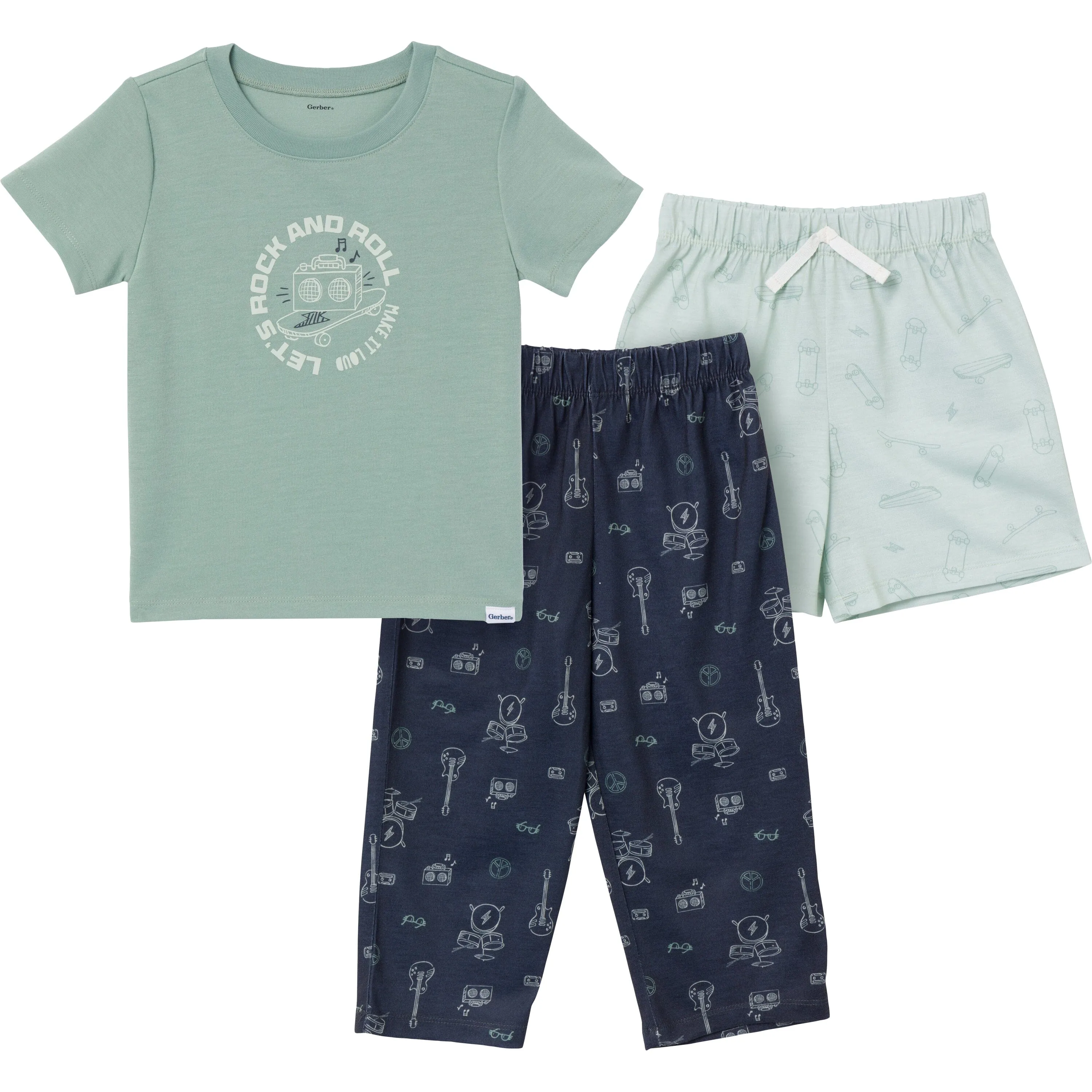 3-Piece Toddler Boys Rock & Roll T-Shirt, Shorts & Pants Pajama Set Gerber Childrenswea