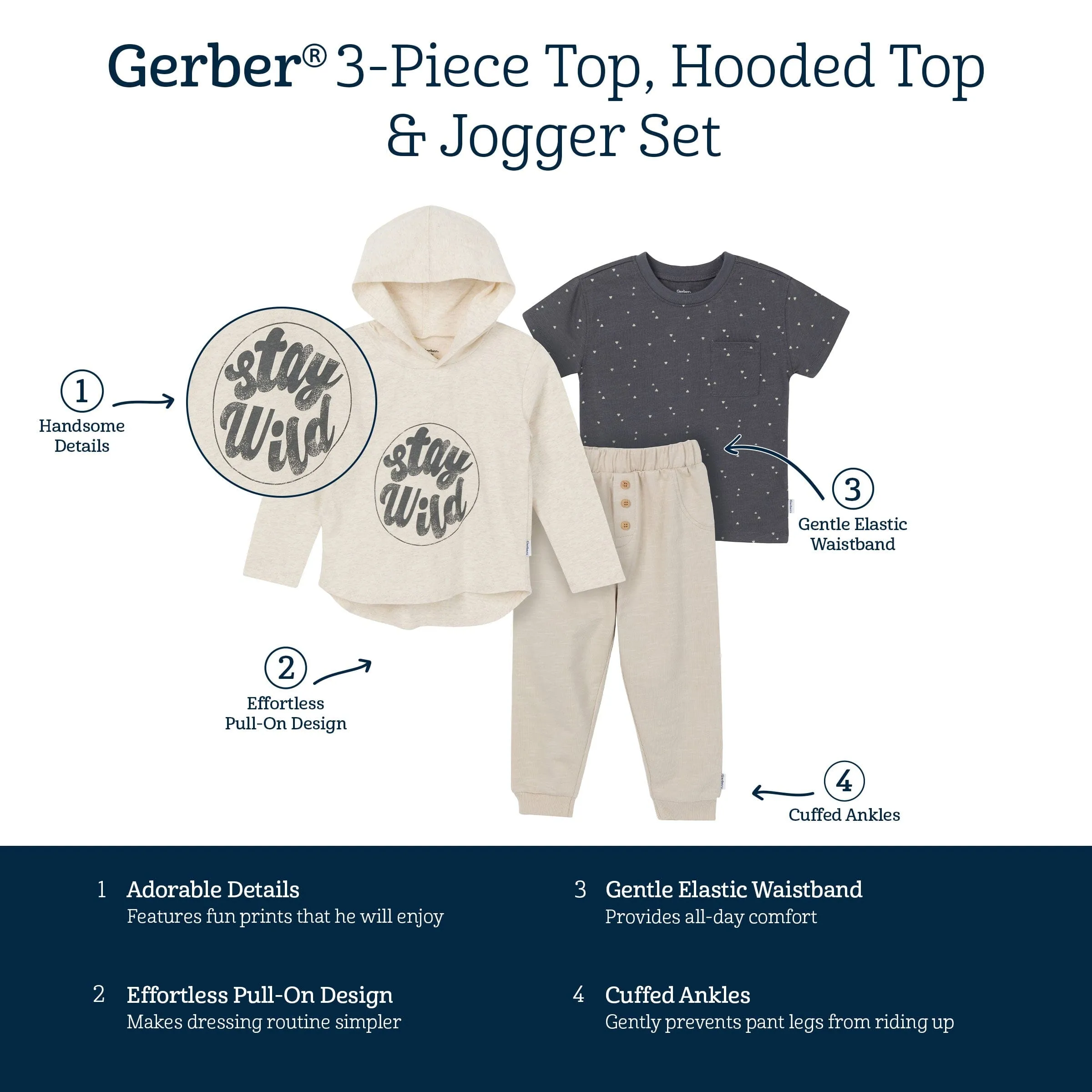 3-Piece Toddler Boys Stay Wild Tee, Hooded Top and Joggers Set Gerber Childrenswea