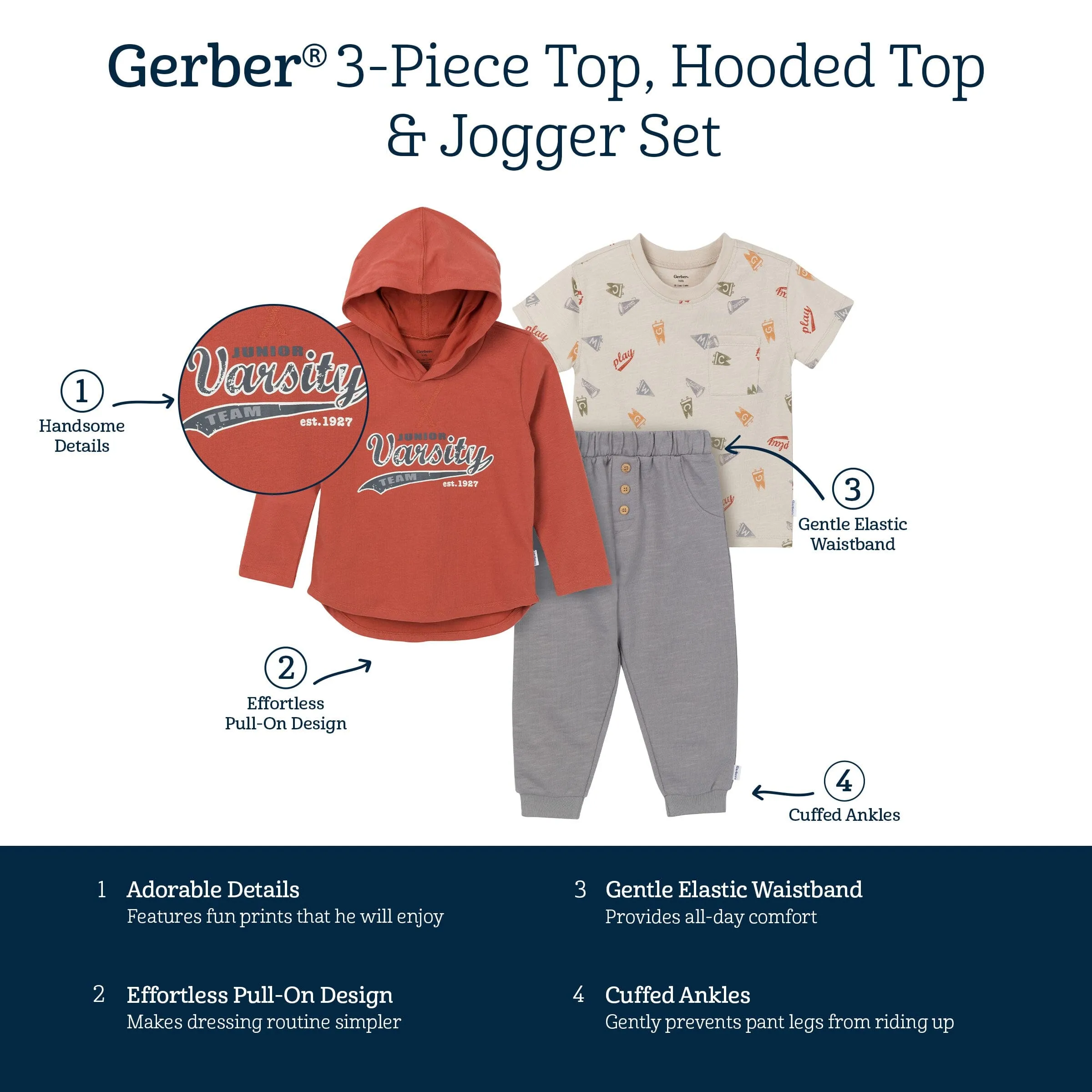3-Piece Toddler Boys Varsity Tee, Hooded Top and Joggers Set Gerber Childrenswea