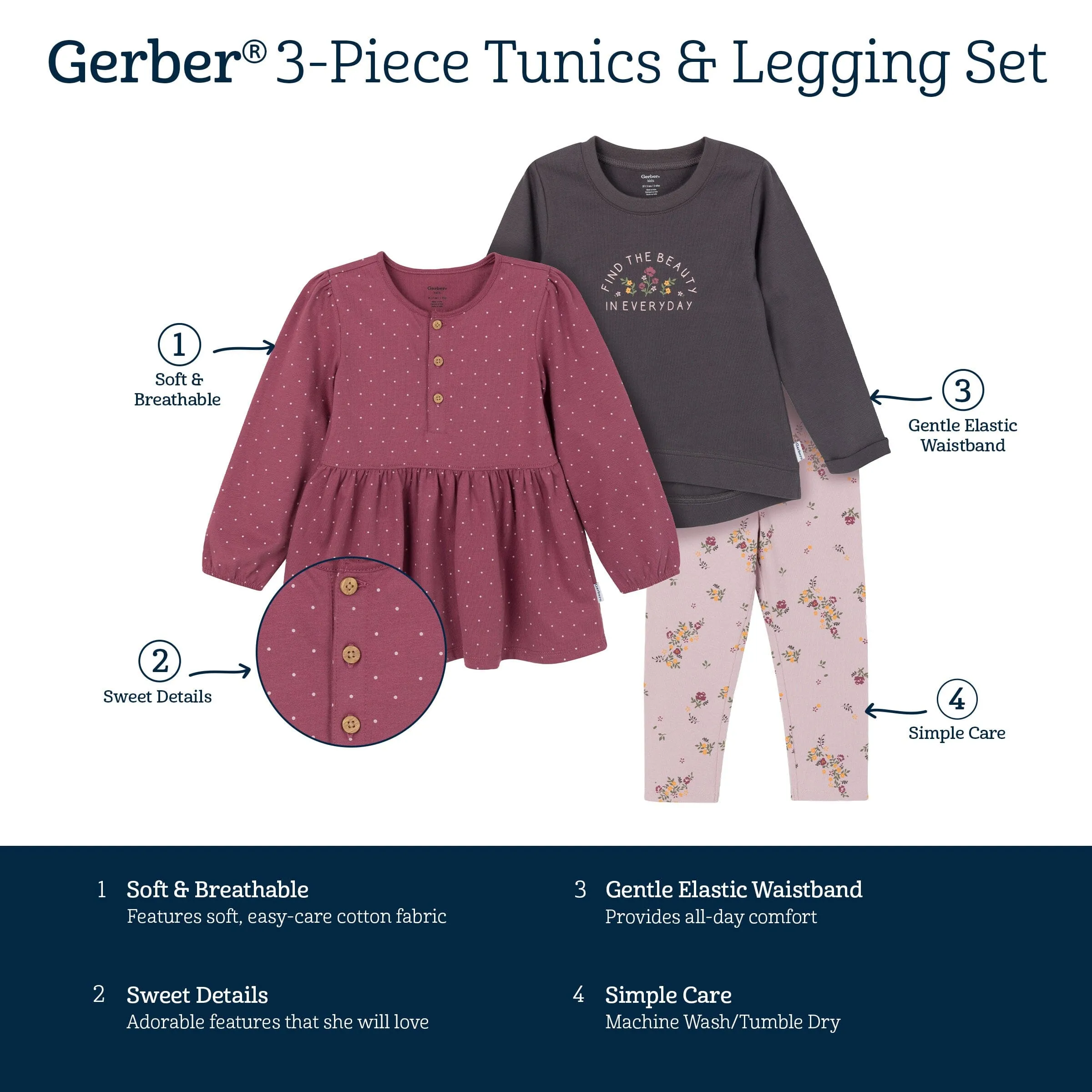 3-Piece Toddler Girls Brown/Violet Tunics and Leggings Gerber Childrenswea