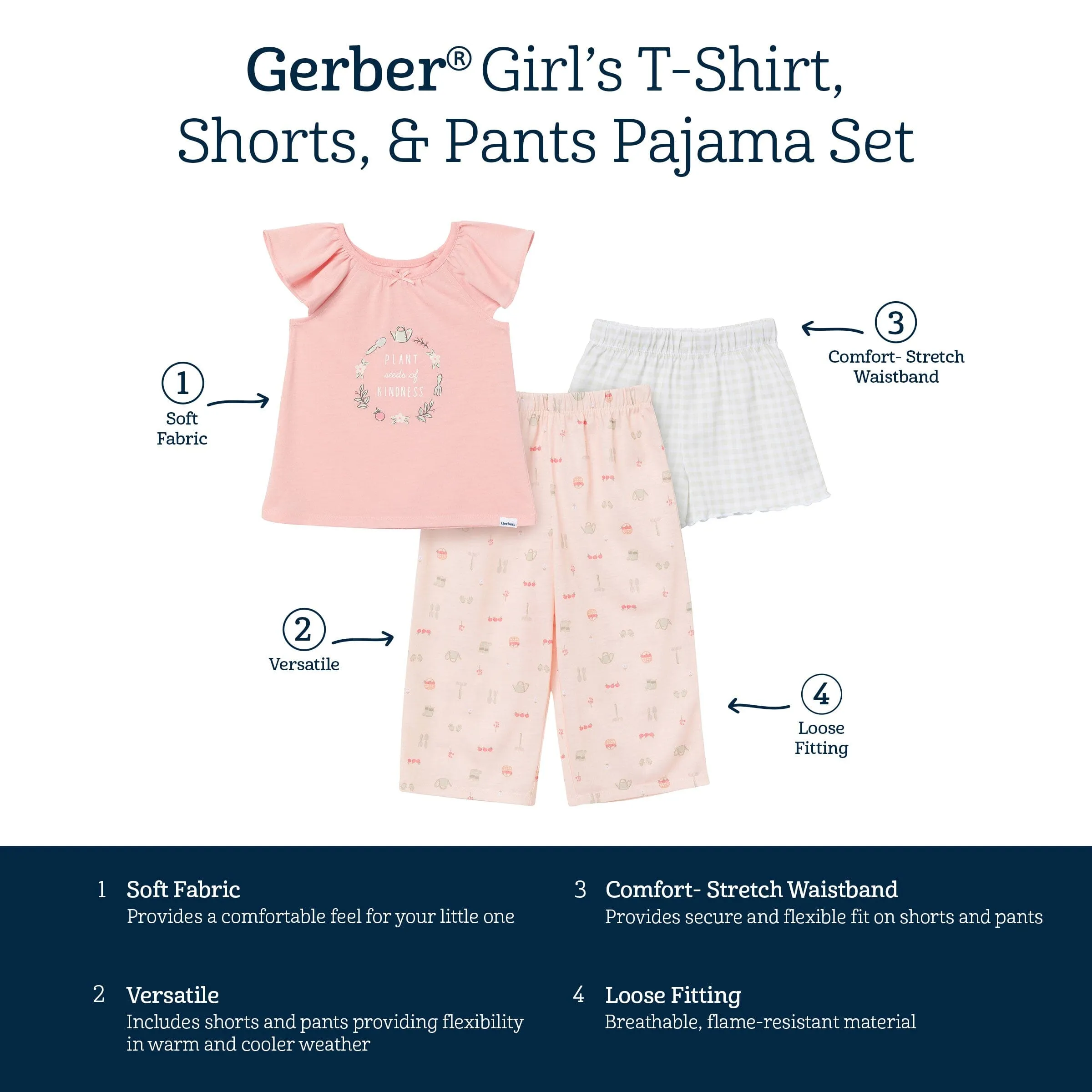 3-Piece Toddler Girls Gardening T-Shirt, Shorts & Pants Pajama Set Gerber Childrenswea