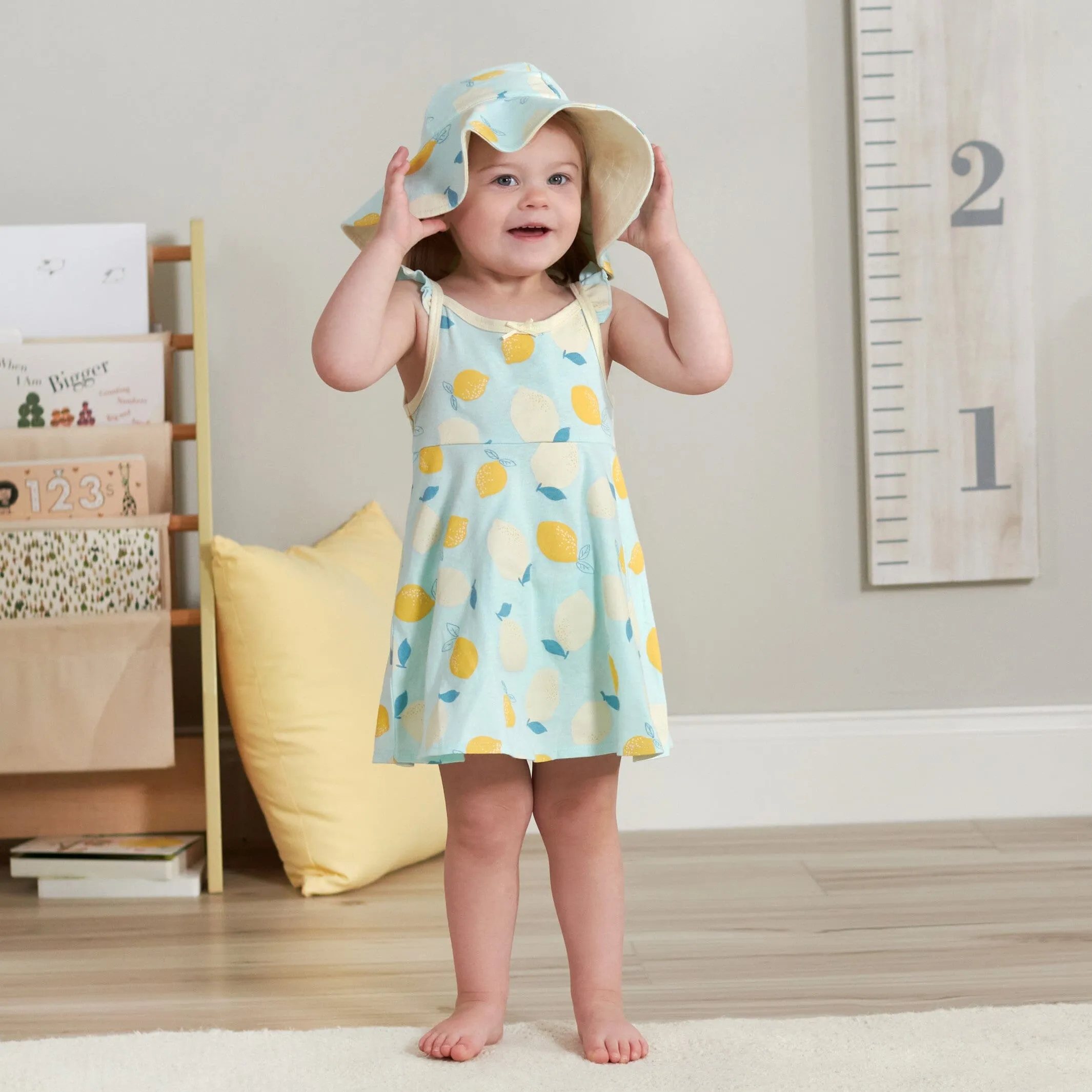 3-Piece Toddler Girls Little Lemon Dress, Diaper Cover & Reversible Sun Hat Set Gerber Childrenswea