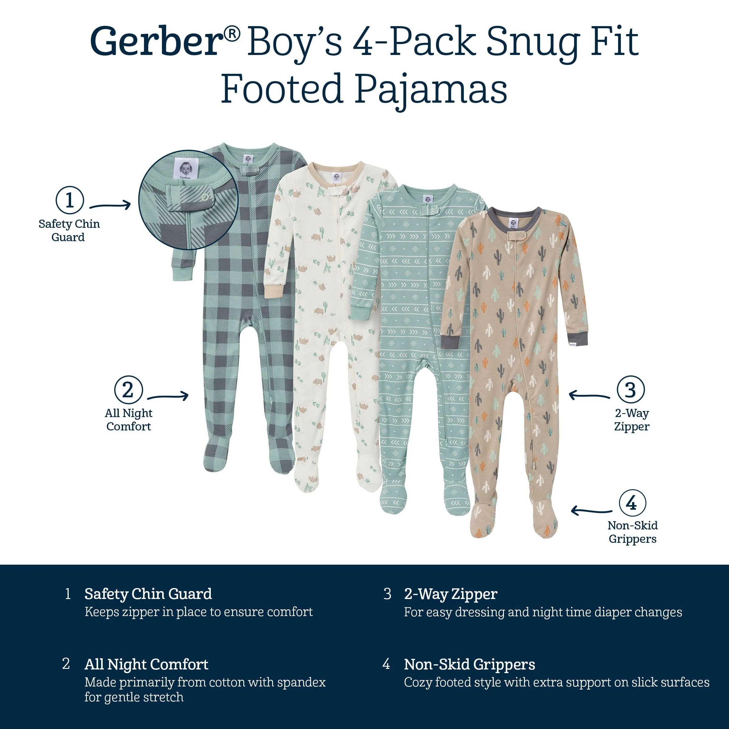 4-Pack Baby & Toddler Boys Desert Animals Snug Fit Footed Pajamas Gerber Childrenswea