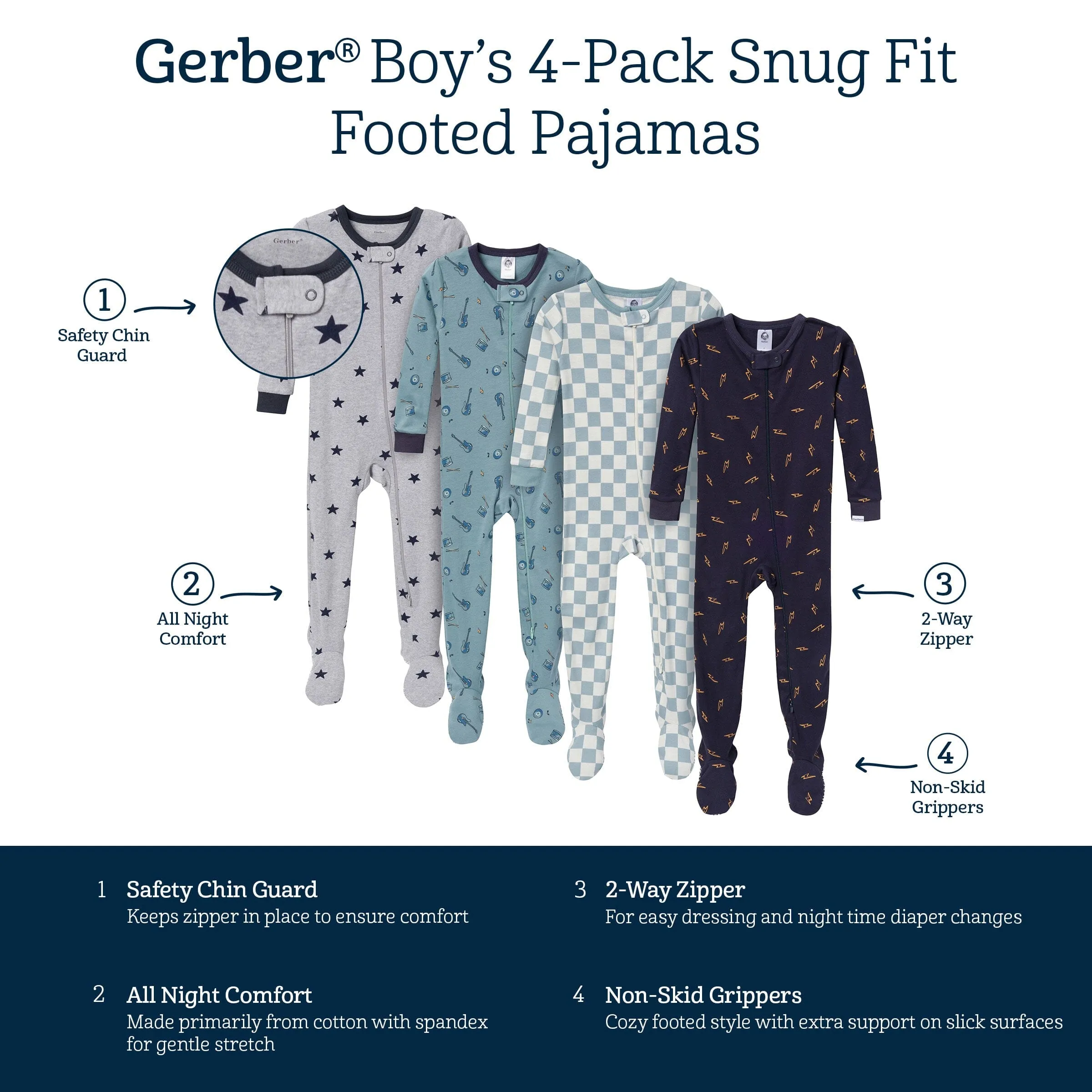 4-Pack Baby & Toddler Boys Music Snug Fit Footed Pajamas Gerber Childrenswea