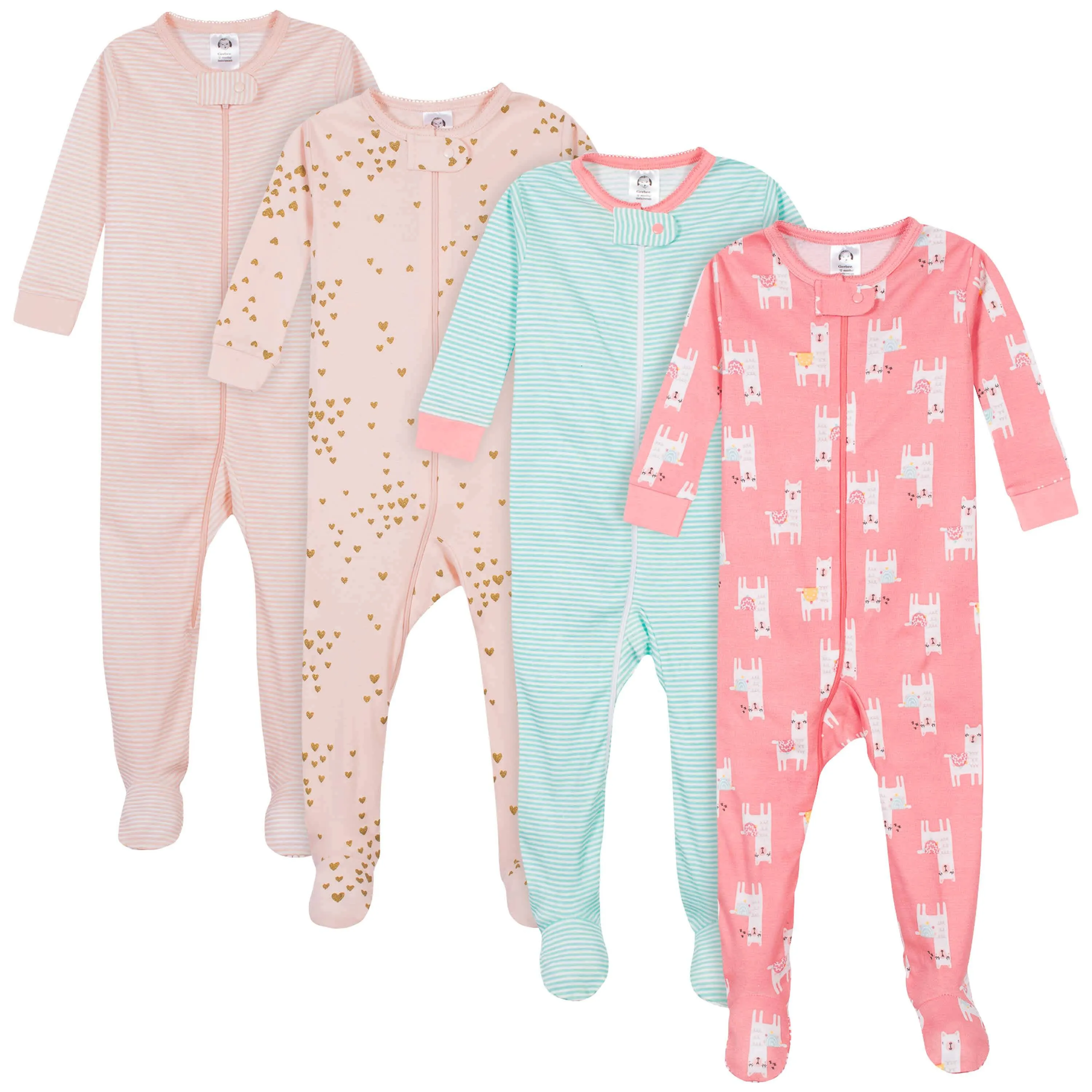 4-Pack Baby & Toddler Girls Llamas & Love Snug Fit Footed Cotton Pajamas Gerber Childrenswea