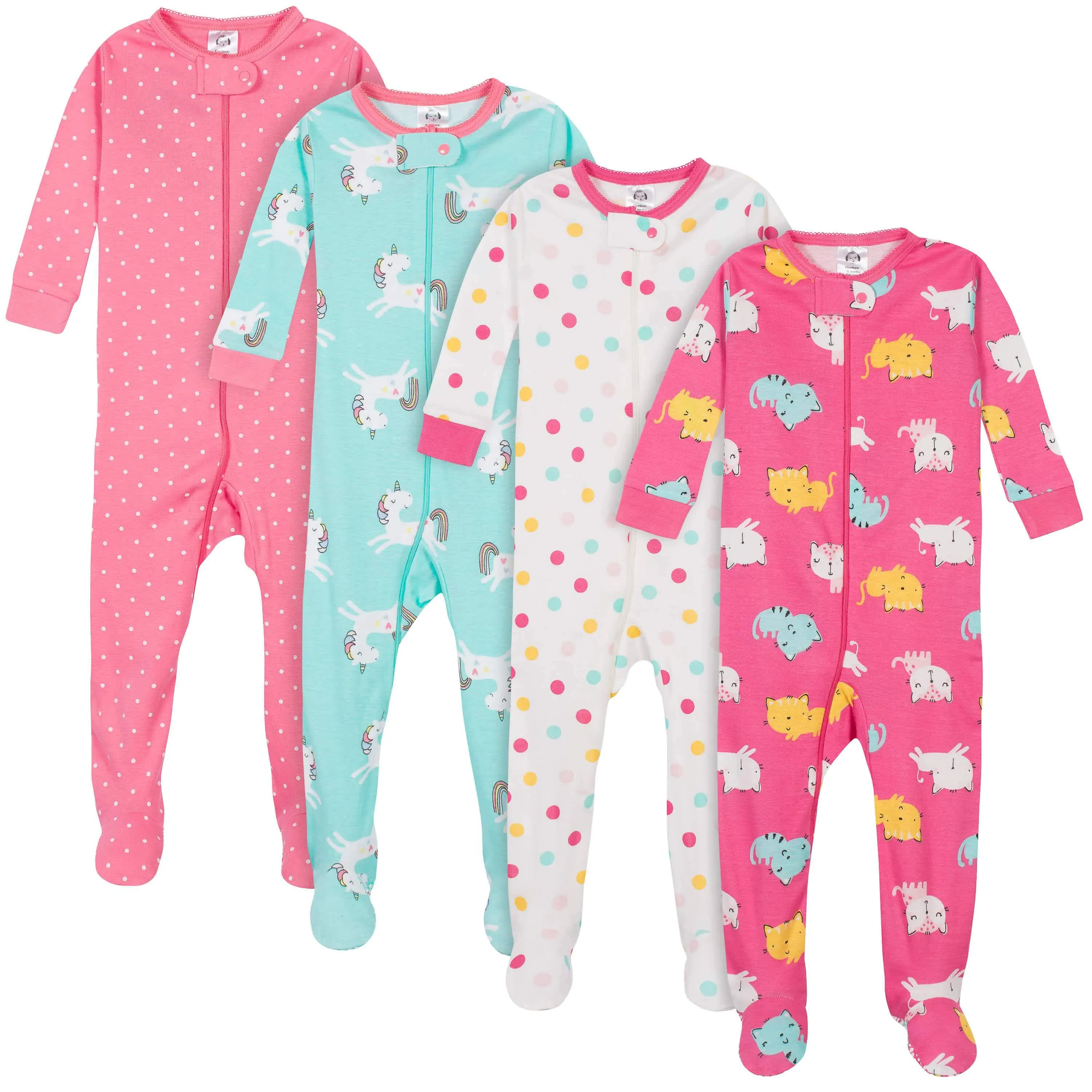 4-Pack Baby & Toddler Girls Unicorns & Cats Snug Fit Footed Cotton Pajamas Gerber Childrenswea