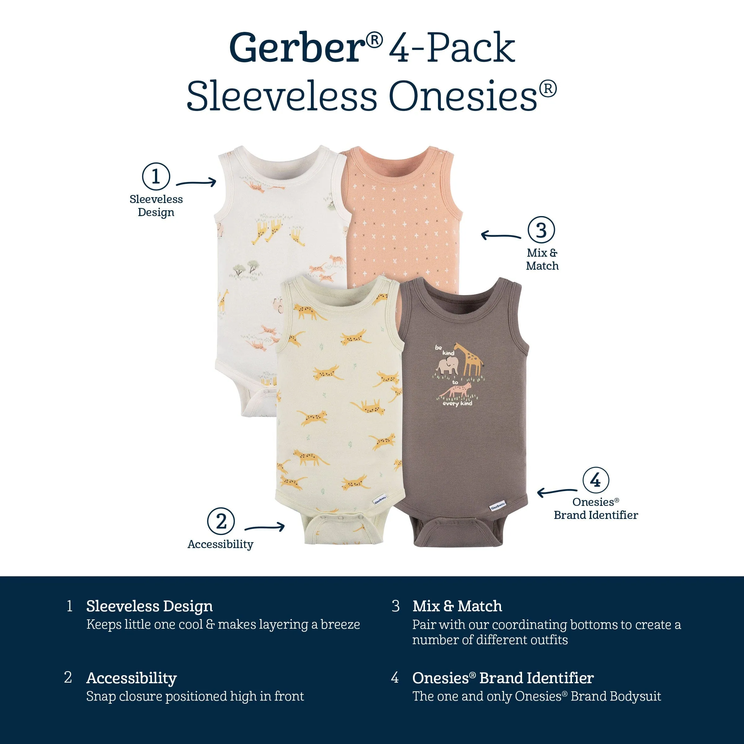 4-Pack Baby Neutral Ivory Safari Sleeveless Onesies Bodysuits Gerber Childrenswea