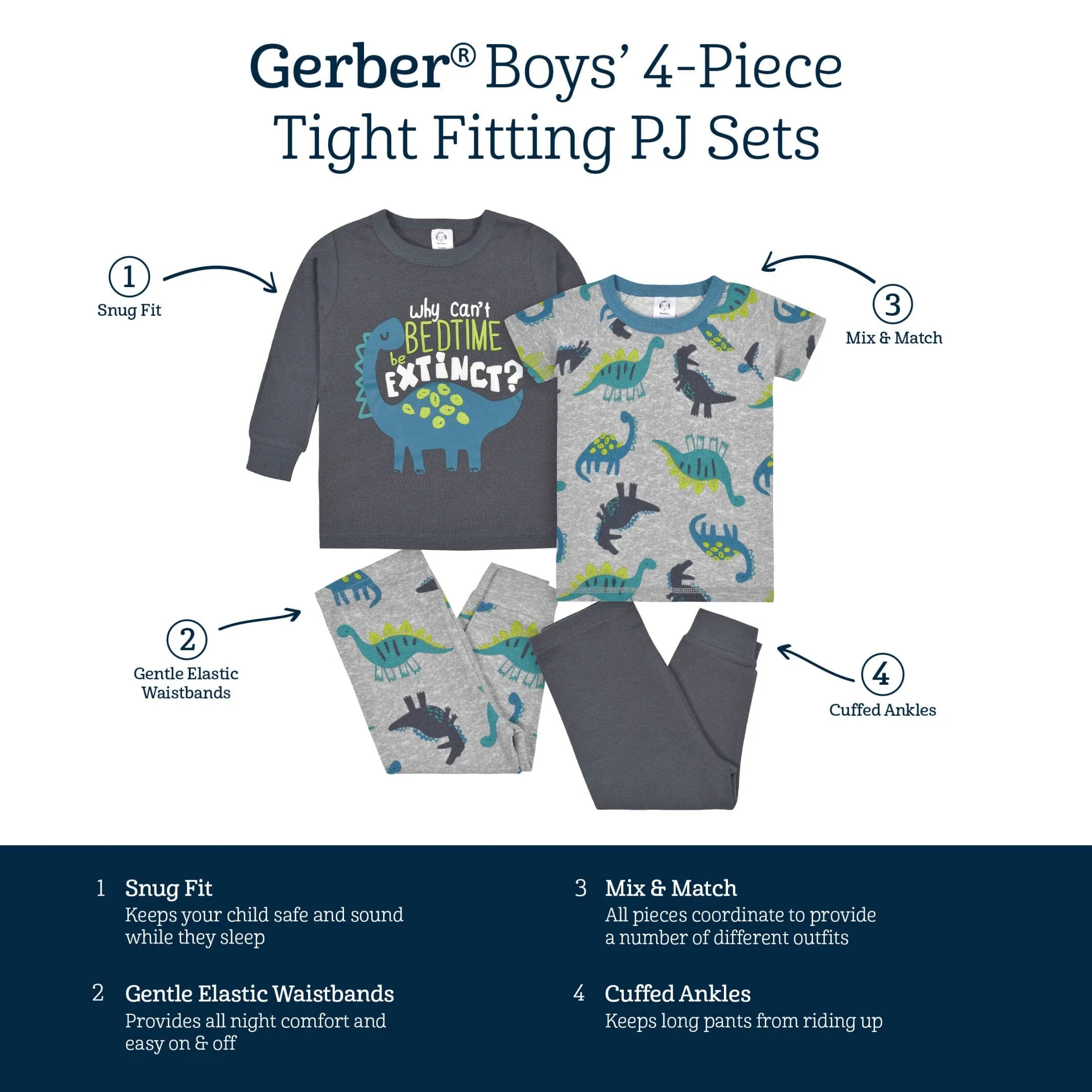 4-Piece Infant & Toddler Boys Big Dino Snug Fit Cotton Pajamas Gerber Childrenswea