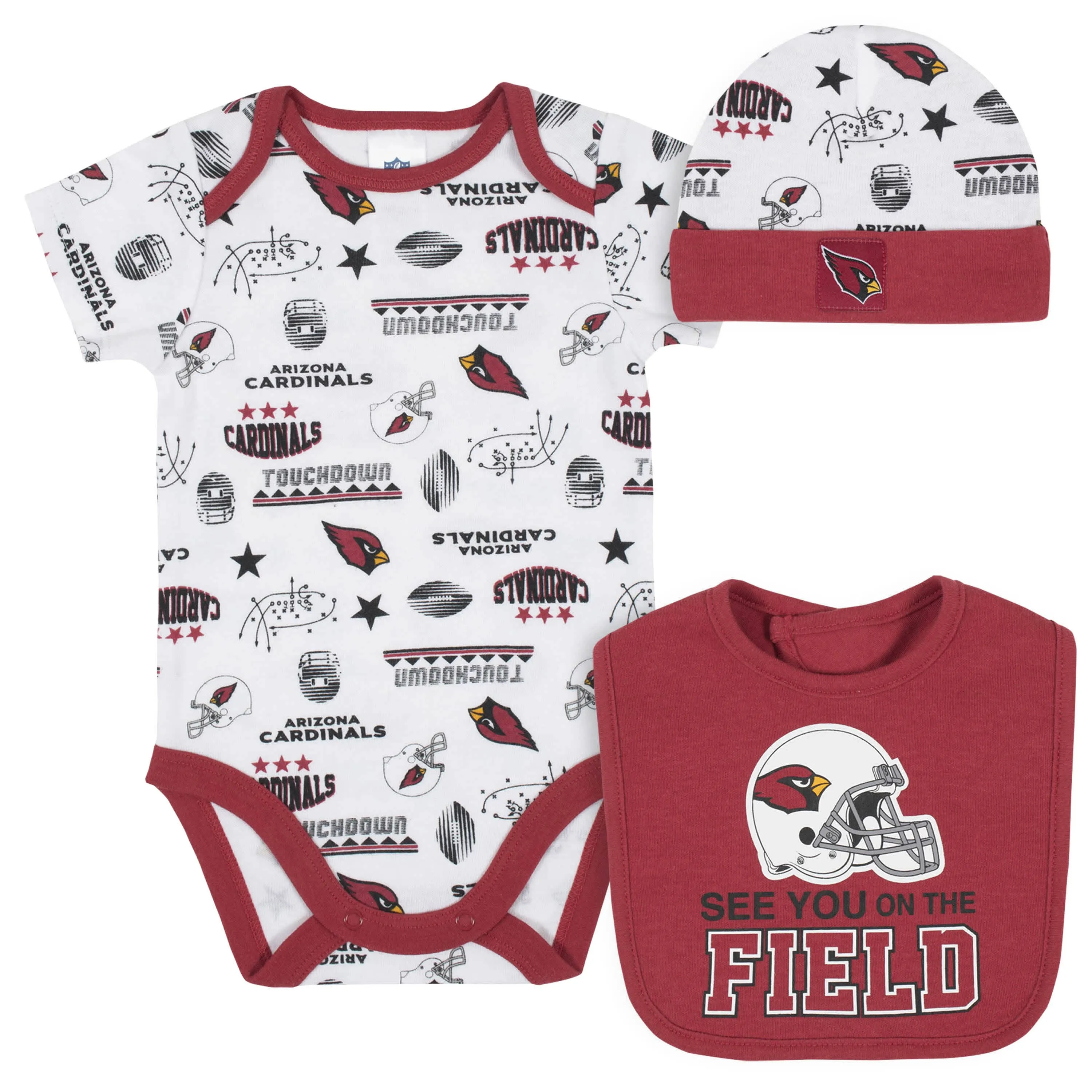 Arizona Cardinals 3-Piece Baby Boys Bodysuit, Bib, and Cap Set Gerber Childrenswea