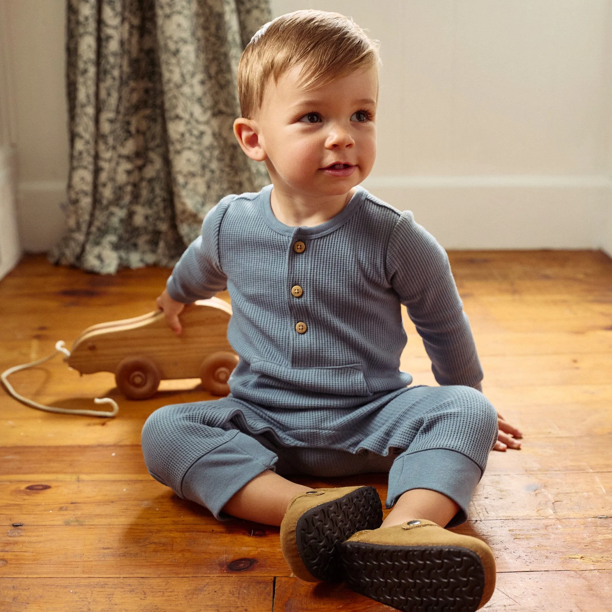 Baby Boys Medium Blue Kangaroo Pocket Waffle Romper Gerber Childrenswea