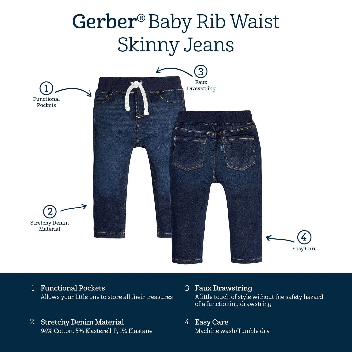 Baby Neutral Dark Blue Rib Waist Skinny Denim Jeans Gerber Childrenswea