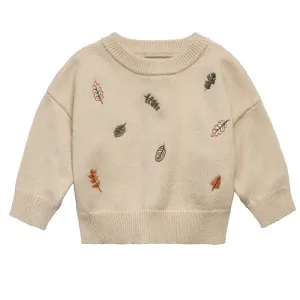 Baby Neutral Light Beige Embroidered Leaves Sweater Gerber Childrenswea