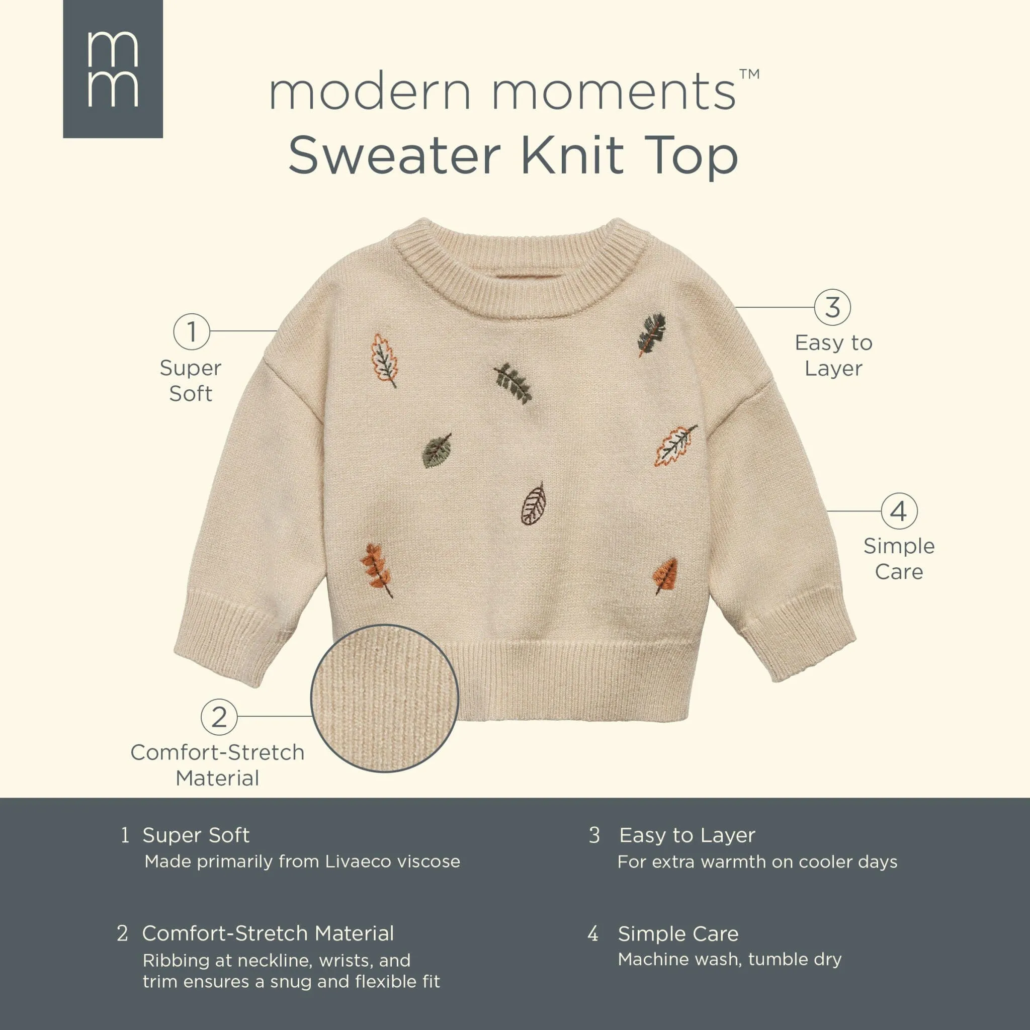 Baby Neutral Light Beige Embroidered Leaves Sweater Gerber Childrenswea