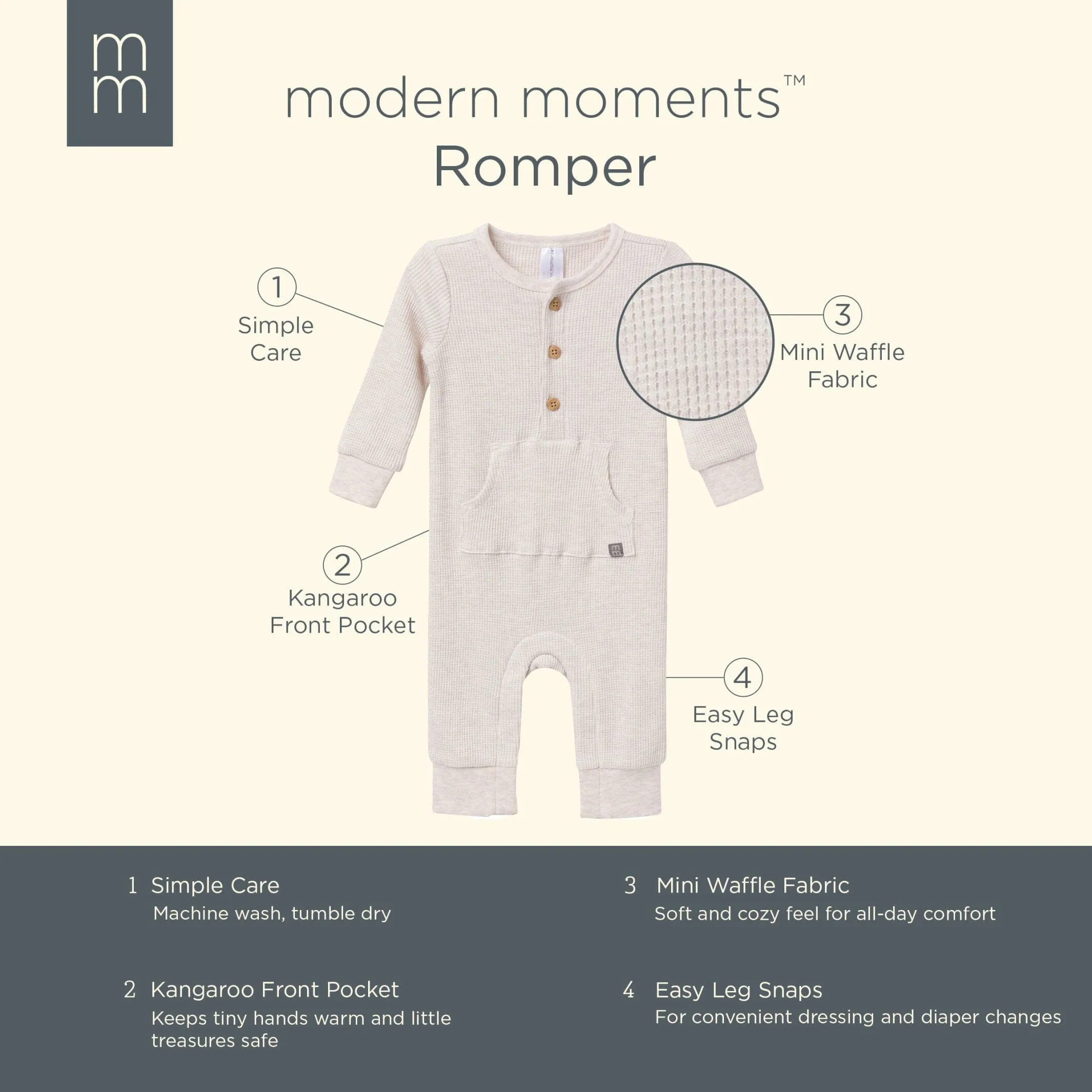 Baby Neutral Oatmeal Heather Kangaroo Pocket Waffle Romper Gerber Childrenswea