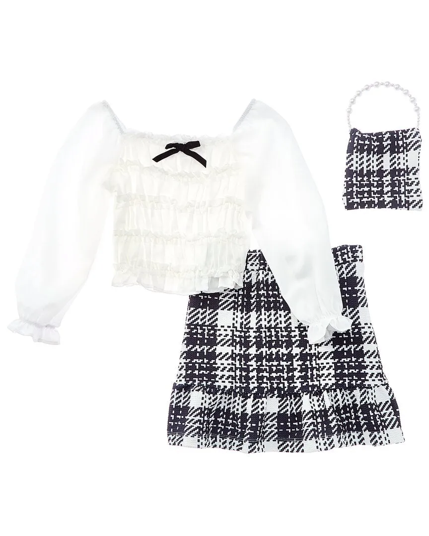 Badgley Mischka Crepe Blouse, Plaid Skirt & Purse Set