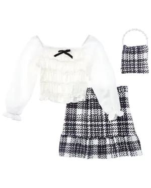 Badgley Mischka Crepe Blouse, Plaid Skirt & Purse Set