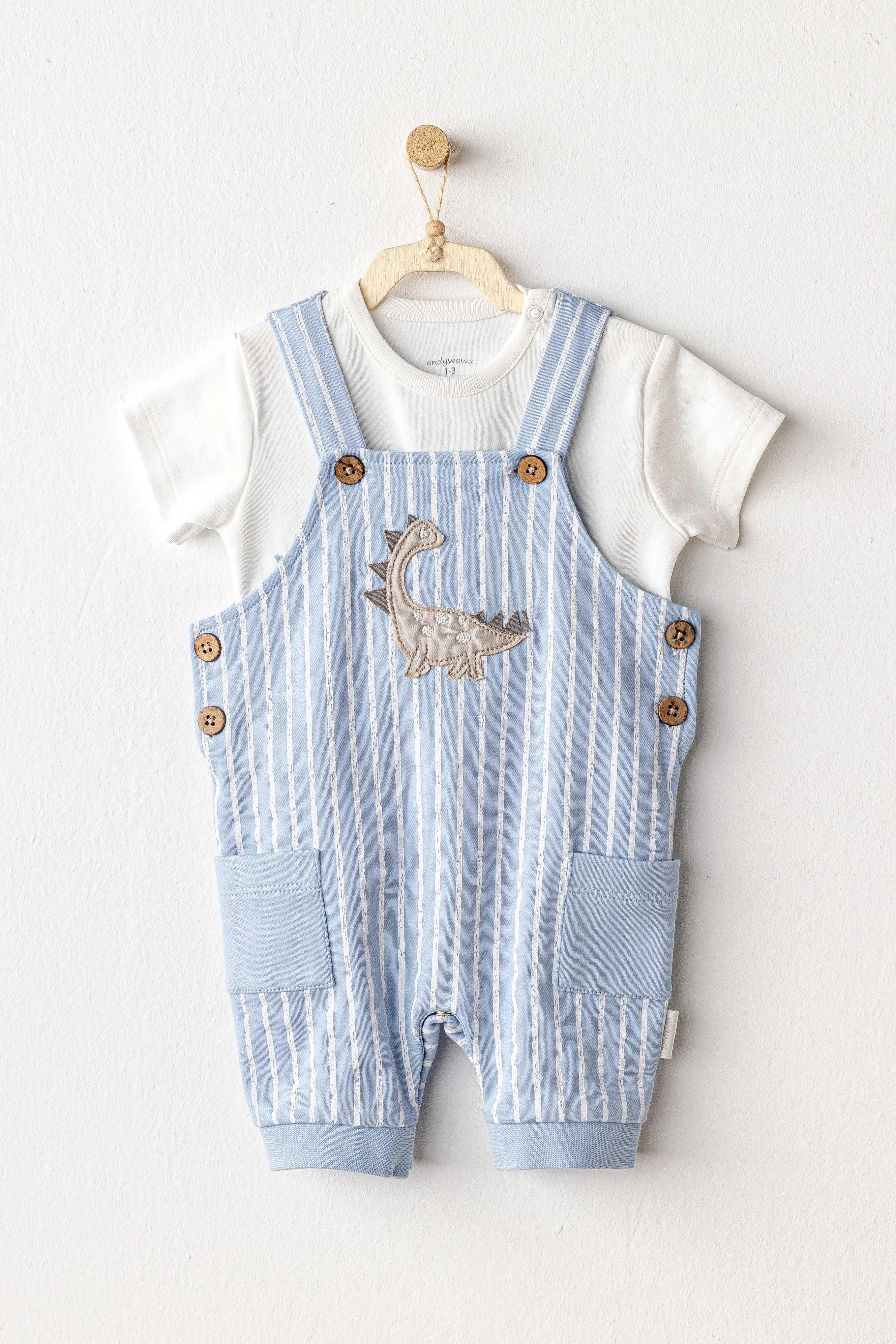 Blue Striped Dinosaur Jumpsuit Set