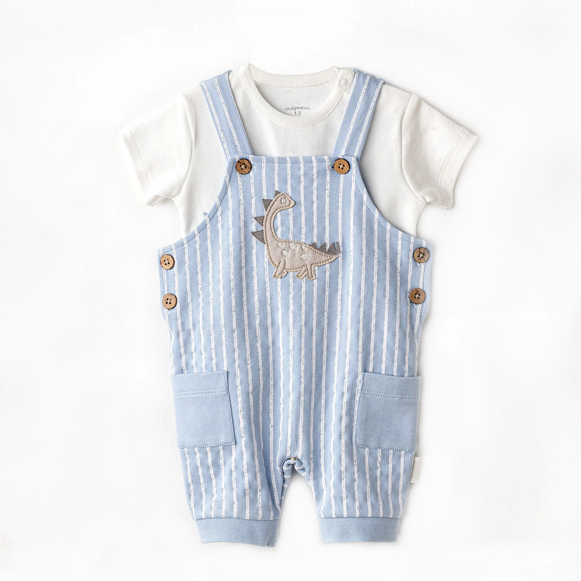 Blue Striped Dinosaur Jumpsuit Set