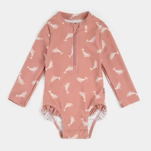 Dolphin Print on Wild Rose Long-Sleeve One-Piece Swimsuit| Petit Lem