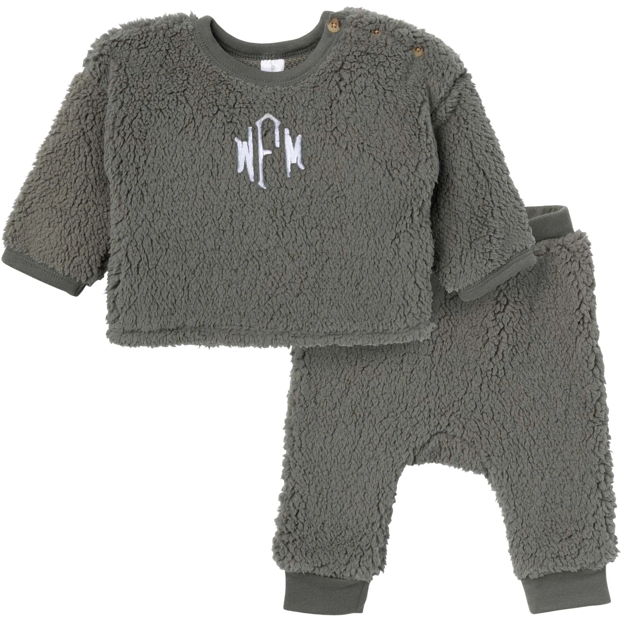 Embroidered 2-Piece Baby Boys Dark Green Sherpa Drop Shoulder Top & Pants Gerber Childrenswea