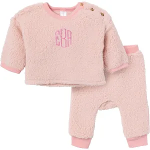 Embroidered 2-Piece Baby Girls Light Pink Sherpa Drop Shoulder Top & Pants Gerber Childrenswea