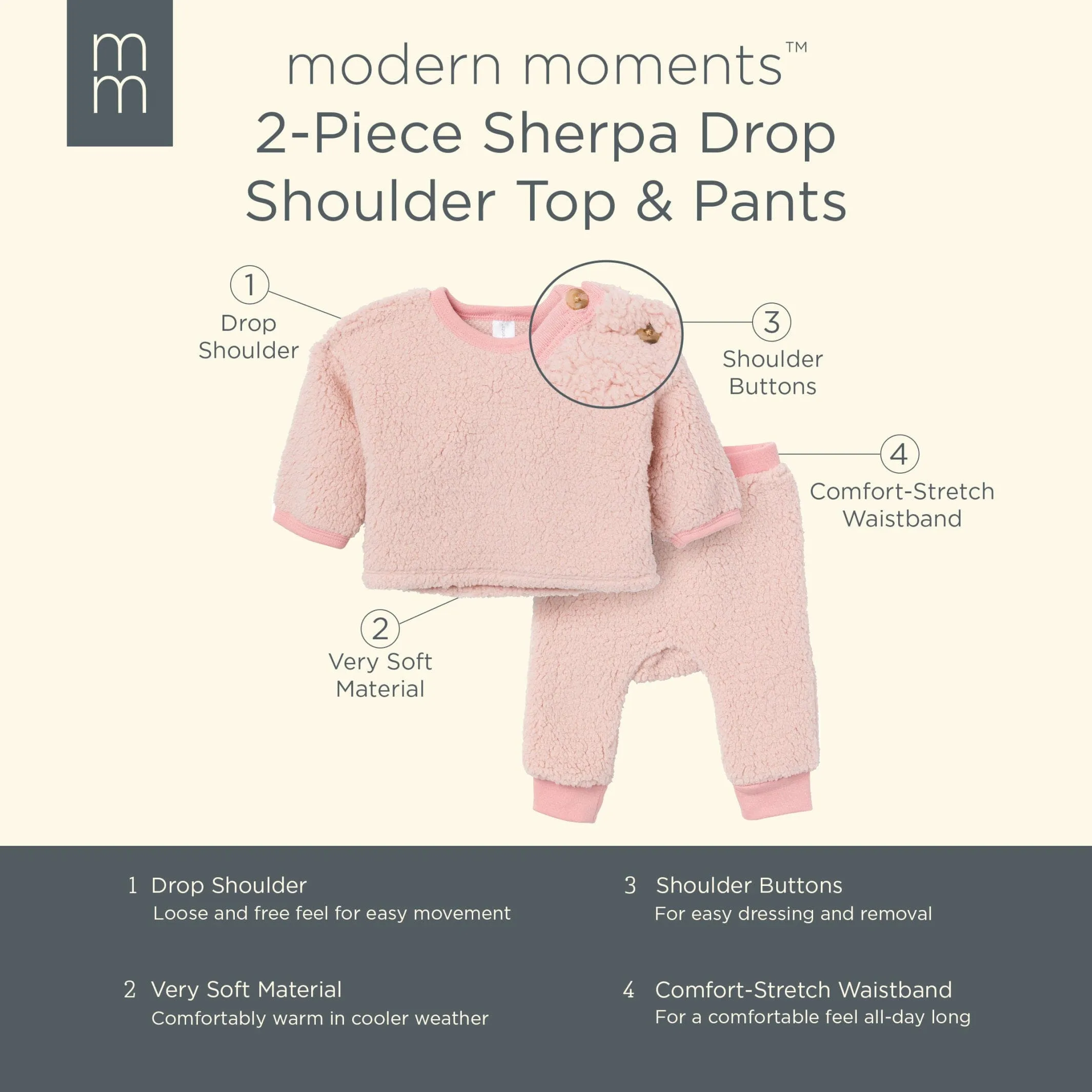 Embroidered 2-Piece Baby Girls Light Pink Sherpa Drop Shoulder Top & Pants Gerber Childrenswea