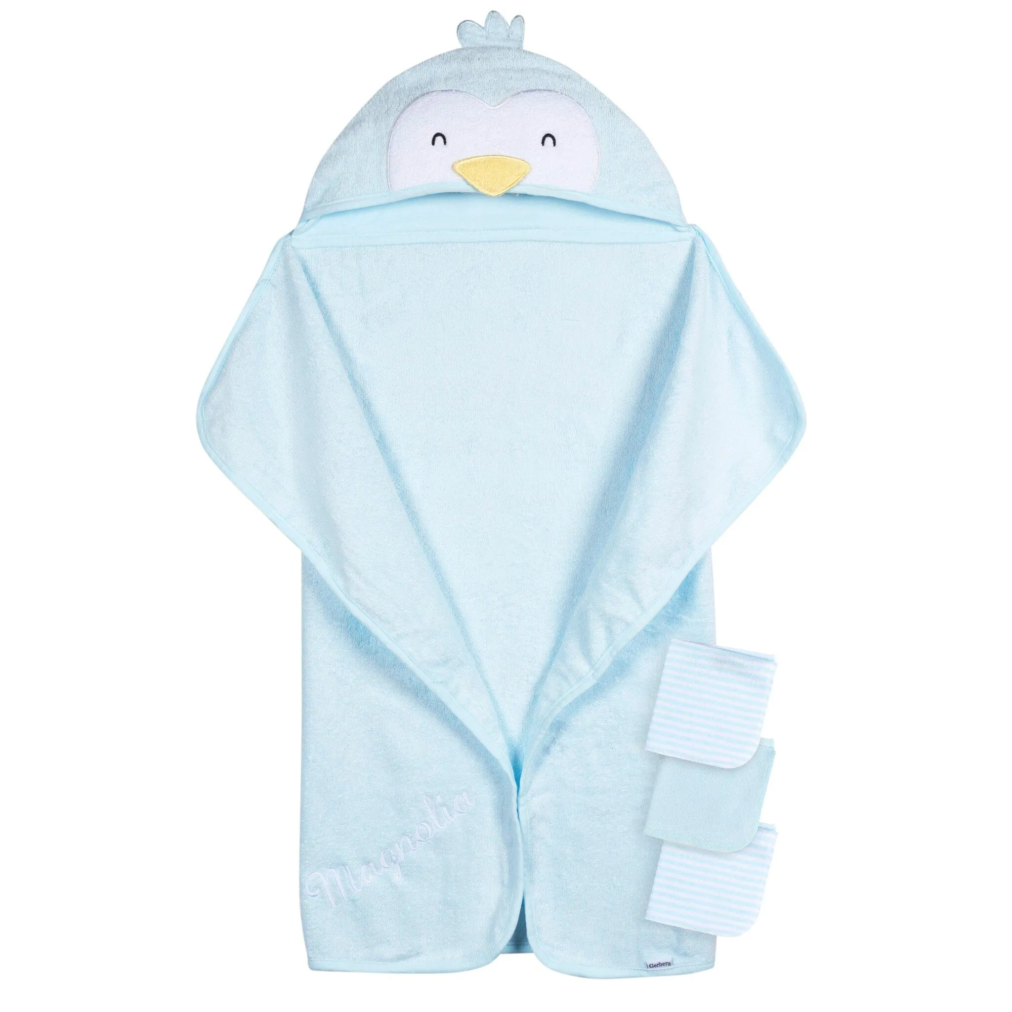 Embroidered 4-Piece Baby Neutral Blue Penguin Towel & Washcloths Set Gerber Childrenswea