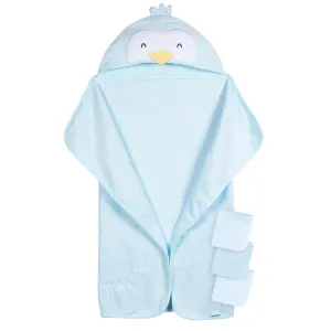 Embroidered 4-Piece Baby Neutral Blue Penguin Towel & Washcloths Set Gerber Childrenswea