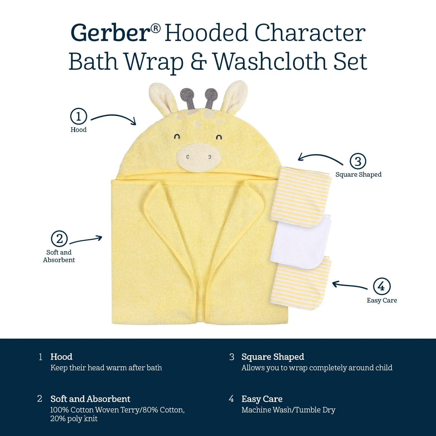 Embroidered 4-Piece Baby Neutral Yellow Giraffe Towel & Washcloths Set Gerber Childrenswea