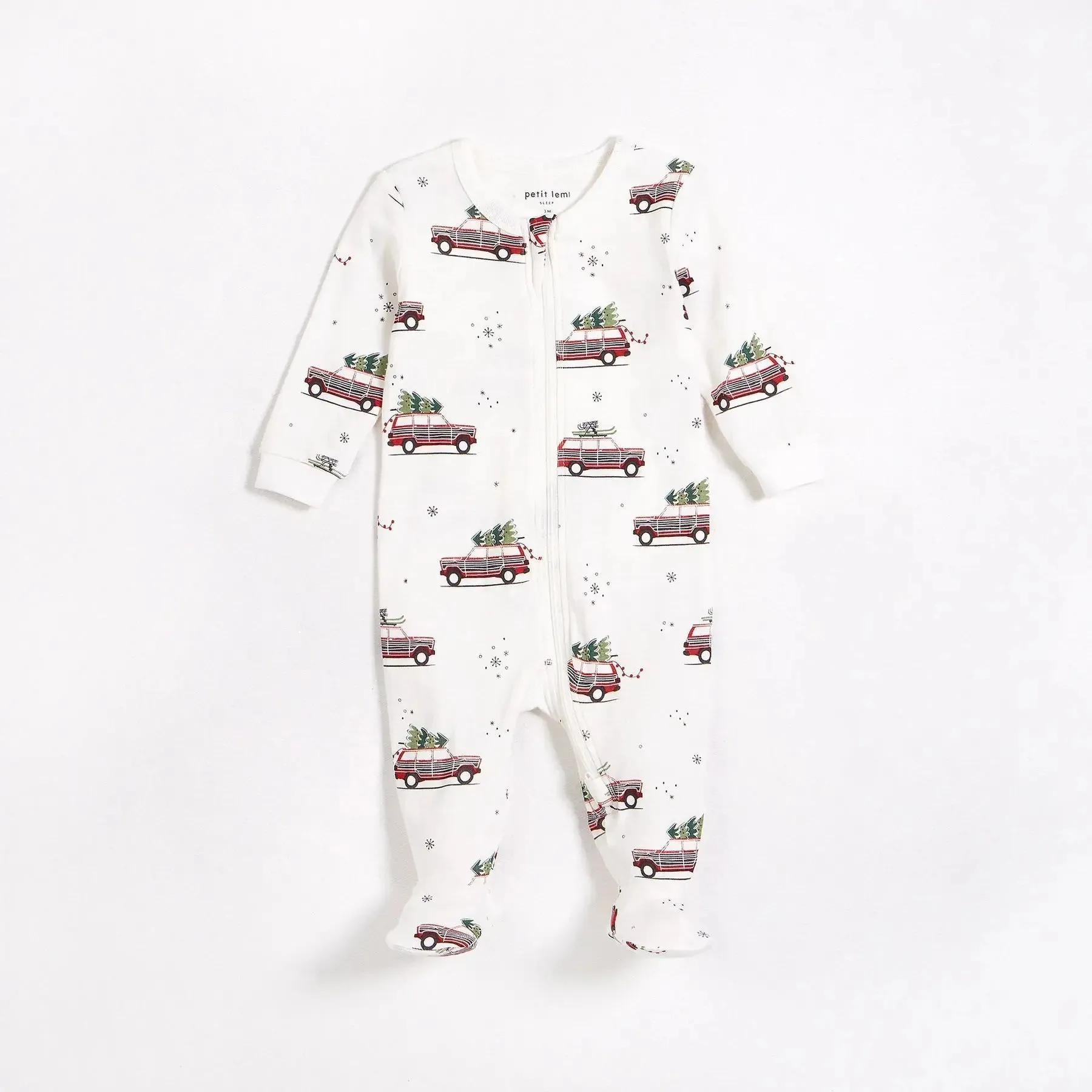 Festive Cars Print on Off-White Sleeper | Petit Lem