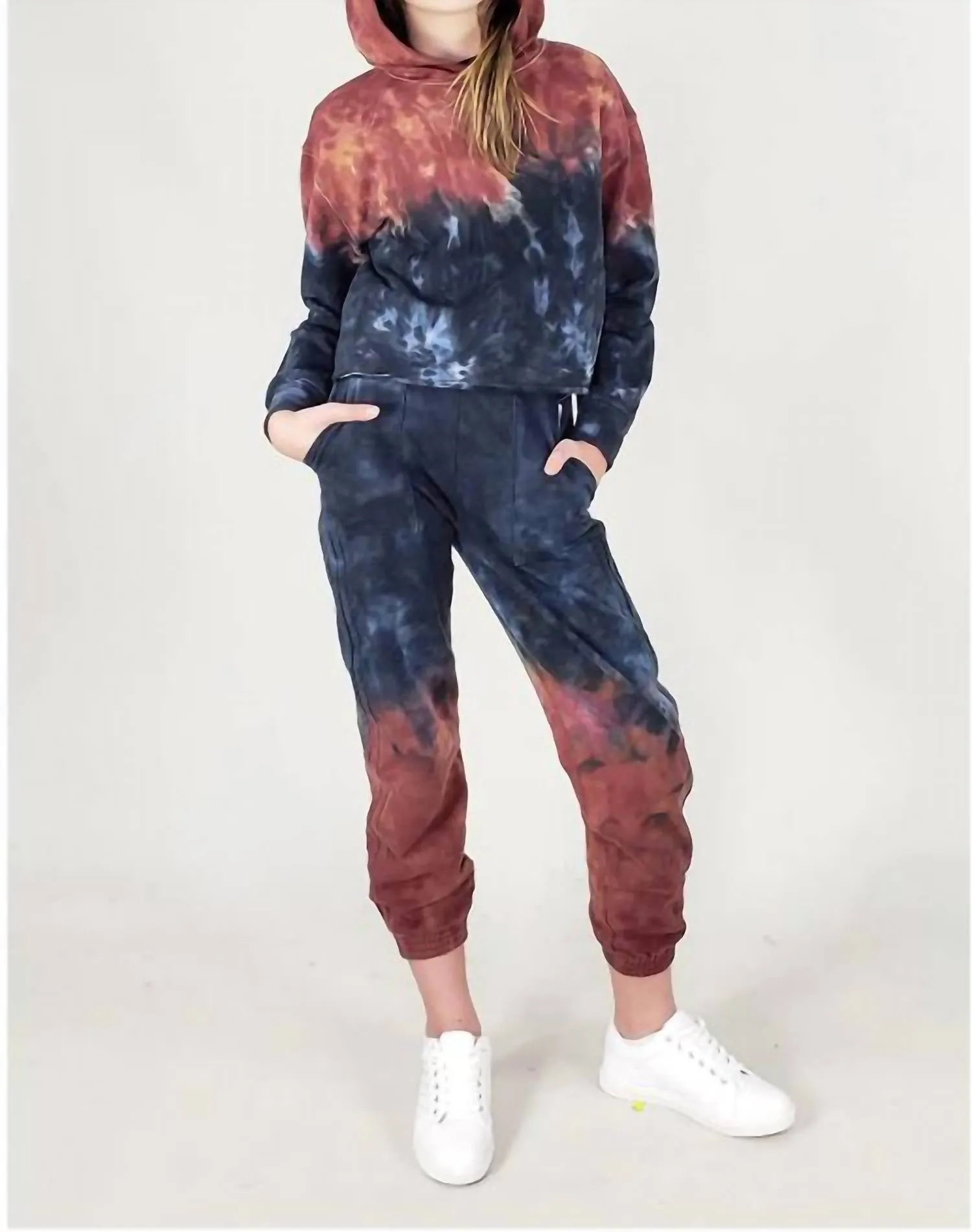 Girl Fiery Tie Dye Hoodie In Rust/navy