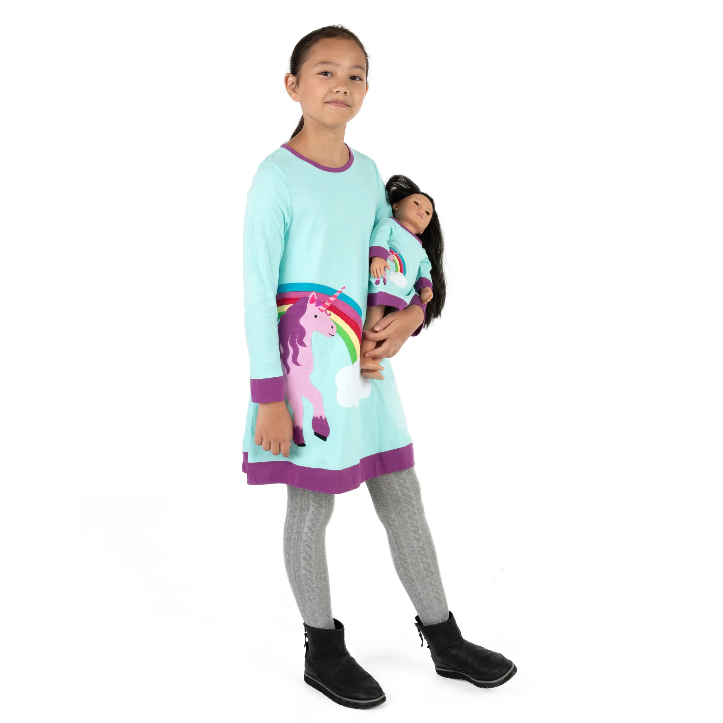 Girls and Matching Doll Cotton Dress Aqua Unicorn